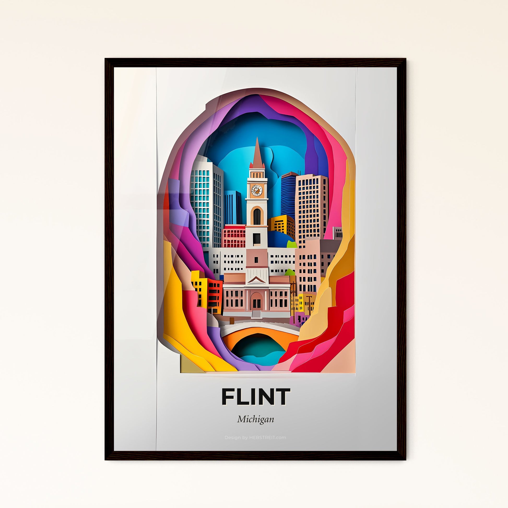 Vivid Flint, Michigan - a paper cut of a city with a clock tower