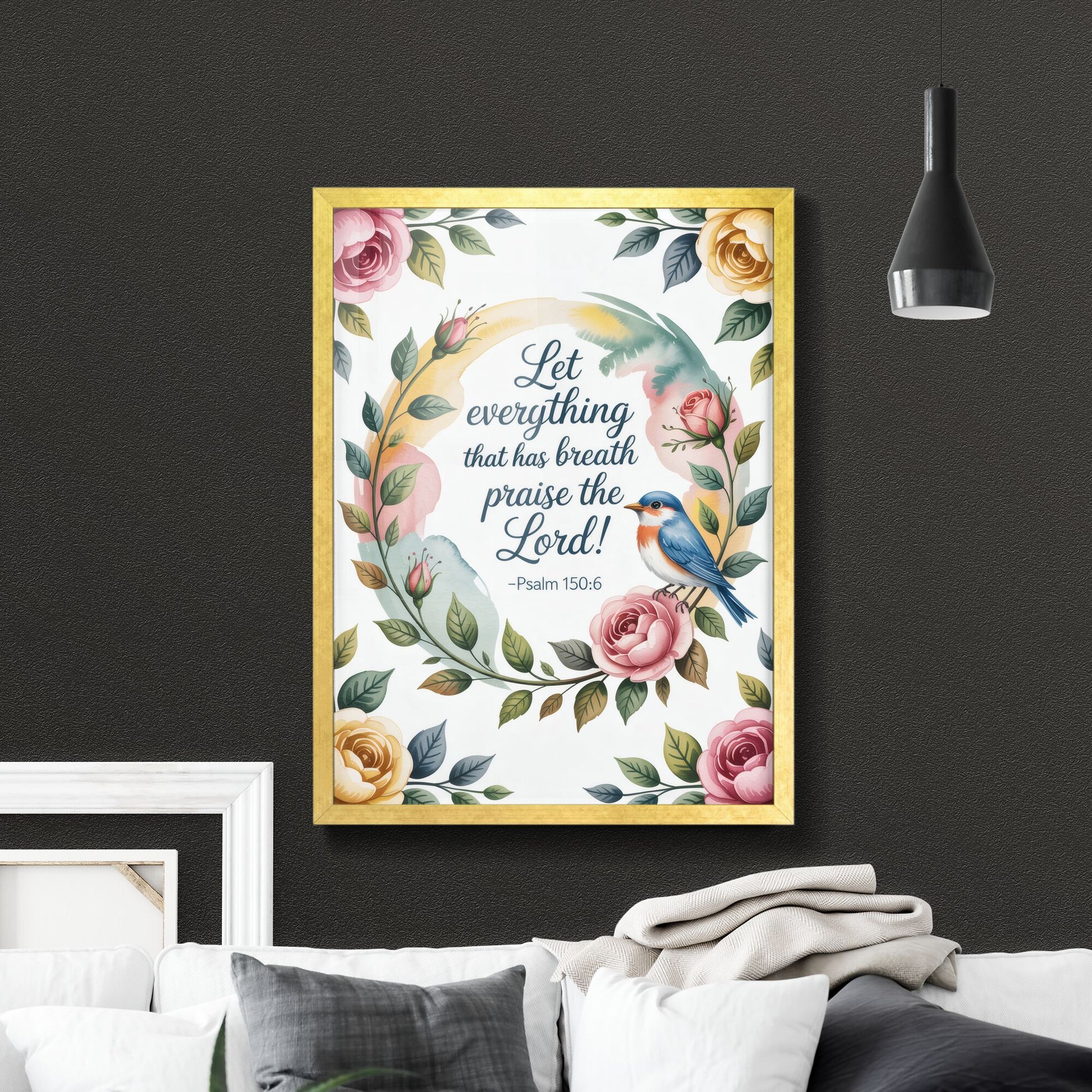 Floral Artwork Featuring Inspirational Psalm 150:6 with Colorful Bird and Elegant Roses