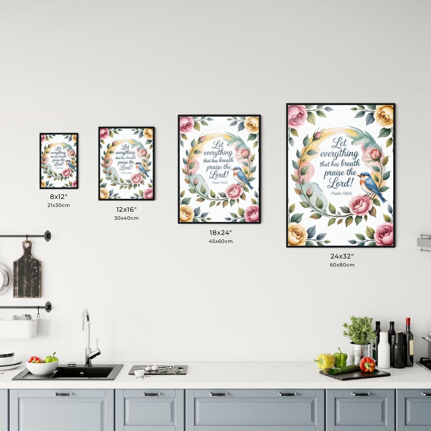 Floral Artwork Featuring Inspirational Psalm 150:6 with Colorful Bird and Elegant Roses Chart
