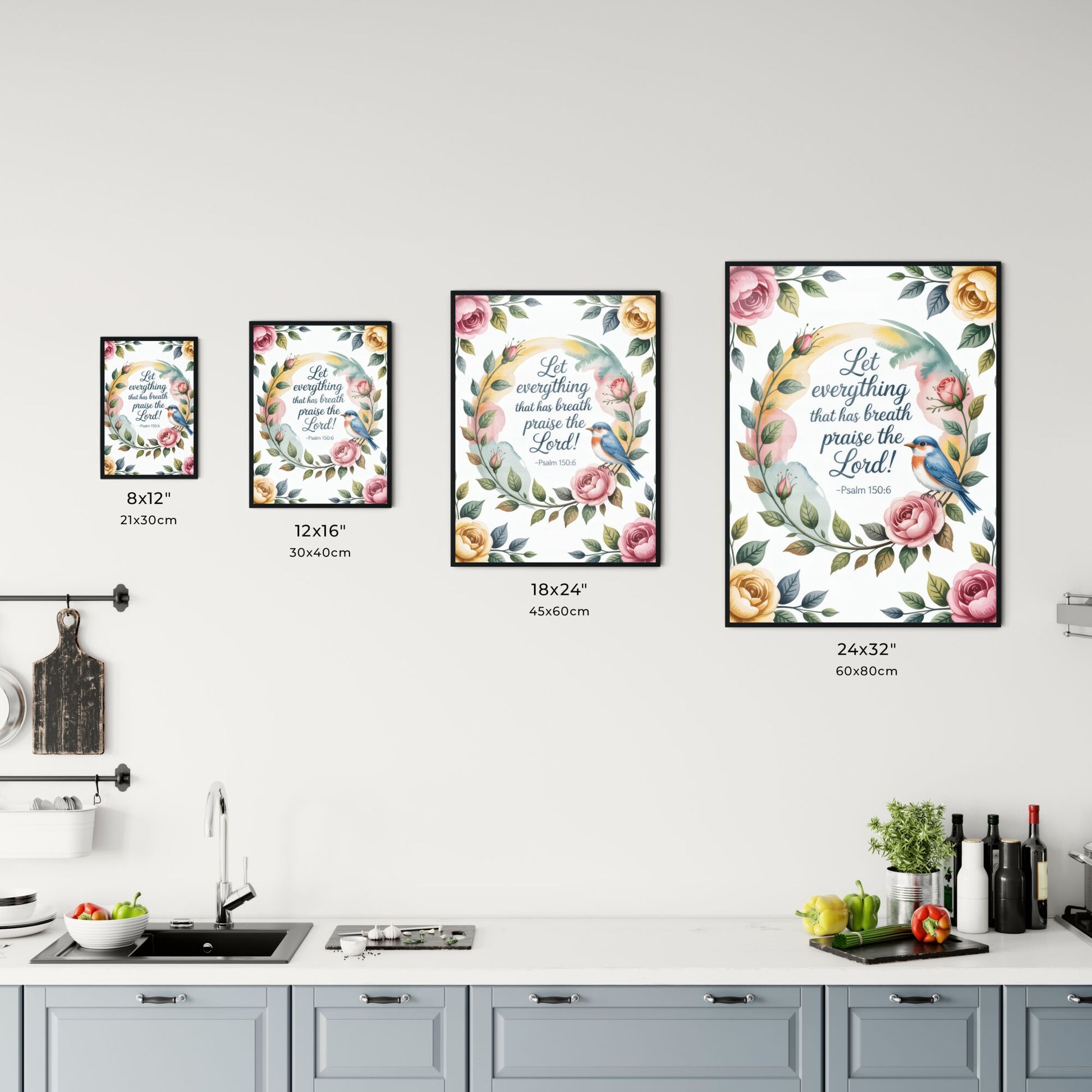Floral Artwork Featuring Inspirational Psalm 150:6 with Colorful Bird and Elegant Roses Chart
