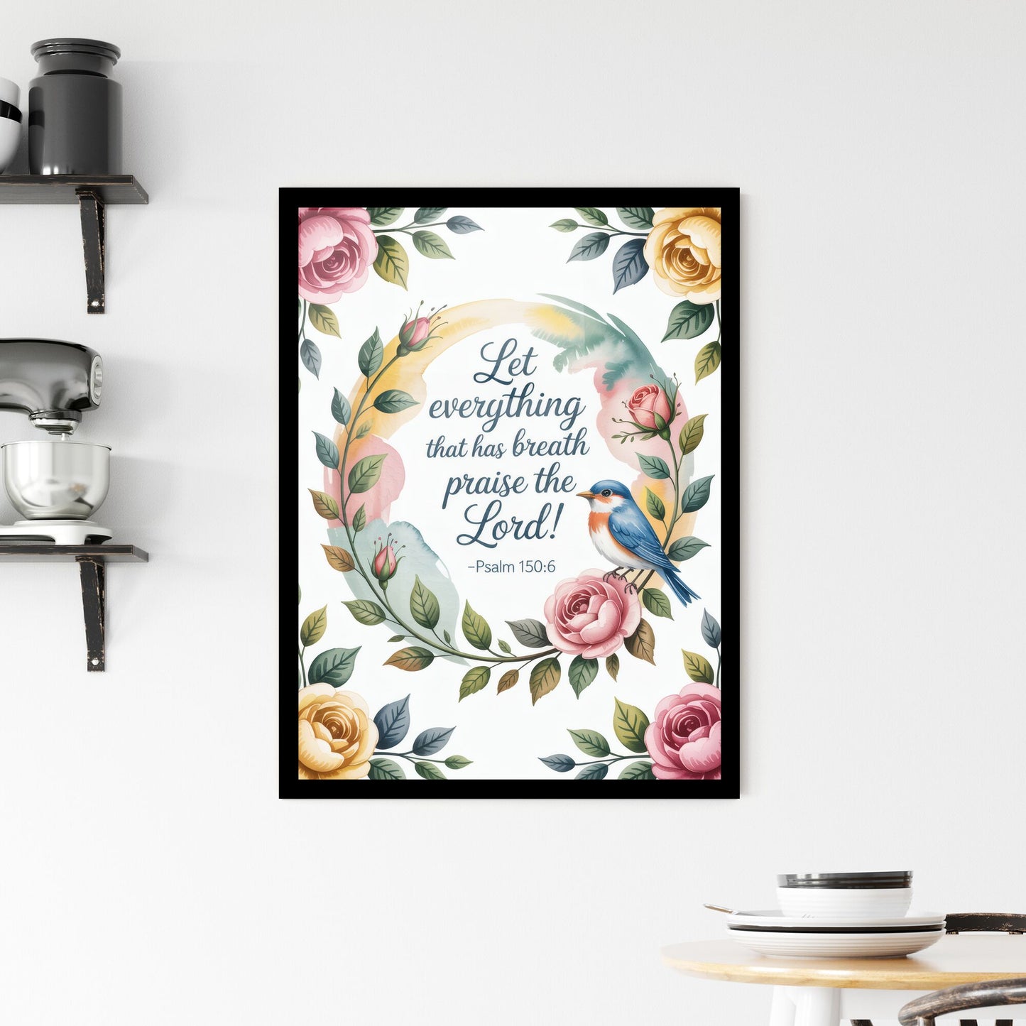 Floral Artwork Featuring Inspirational Psalm 150:6 with Colorful Bird and Elegant Roses Framed Print