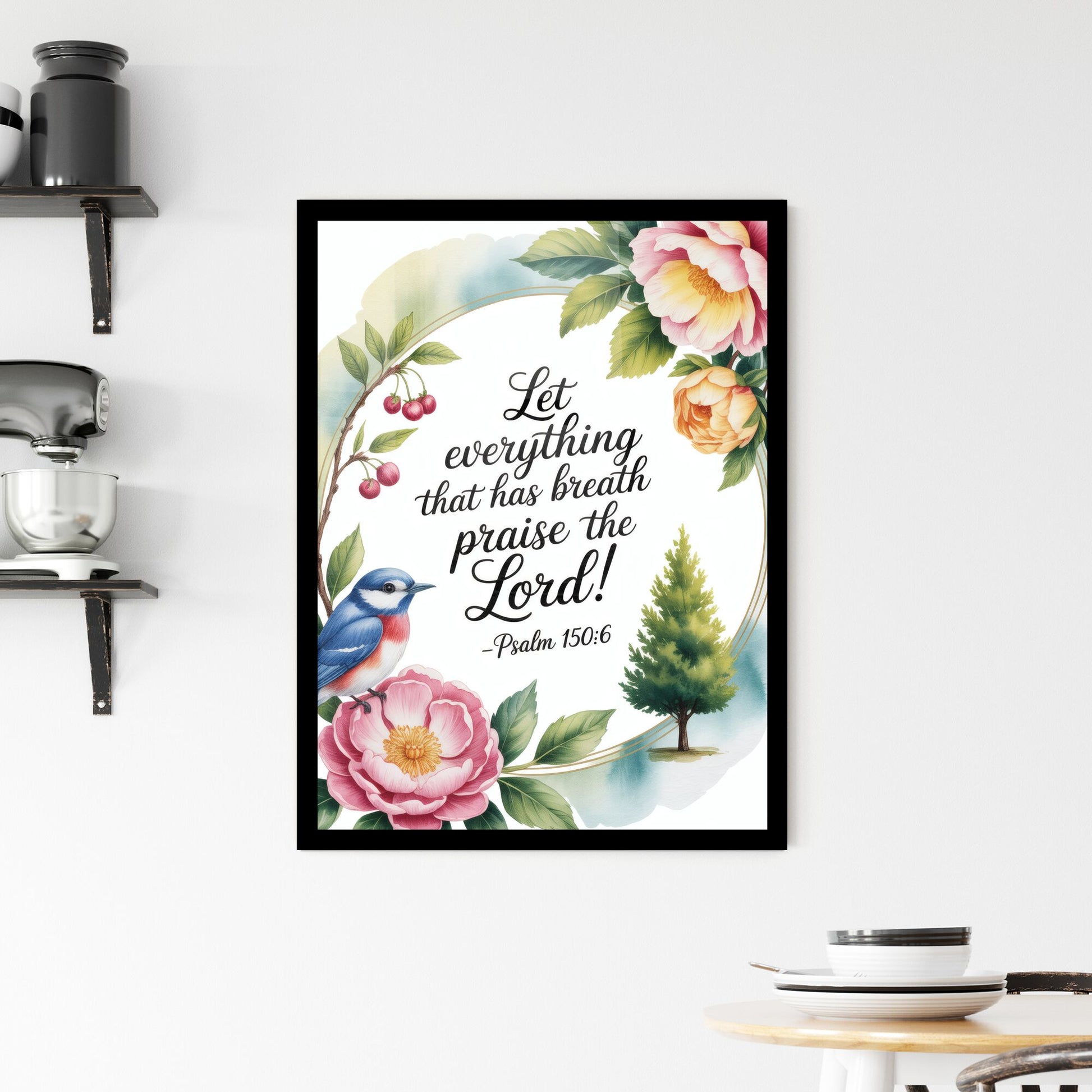 Floral and Nature-Inspired Inspirational Art Featuring Psalm 150:6 for Home or Church Décor. Framed Print