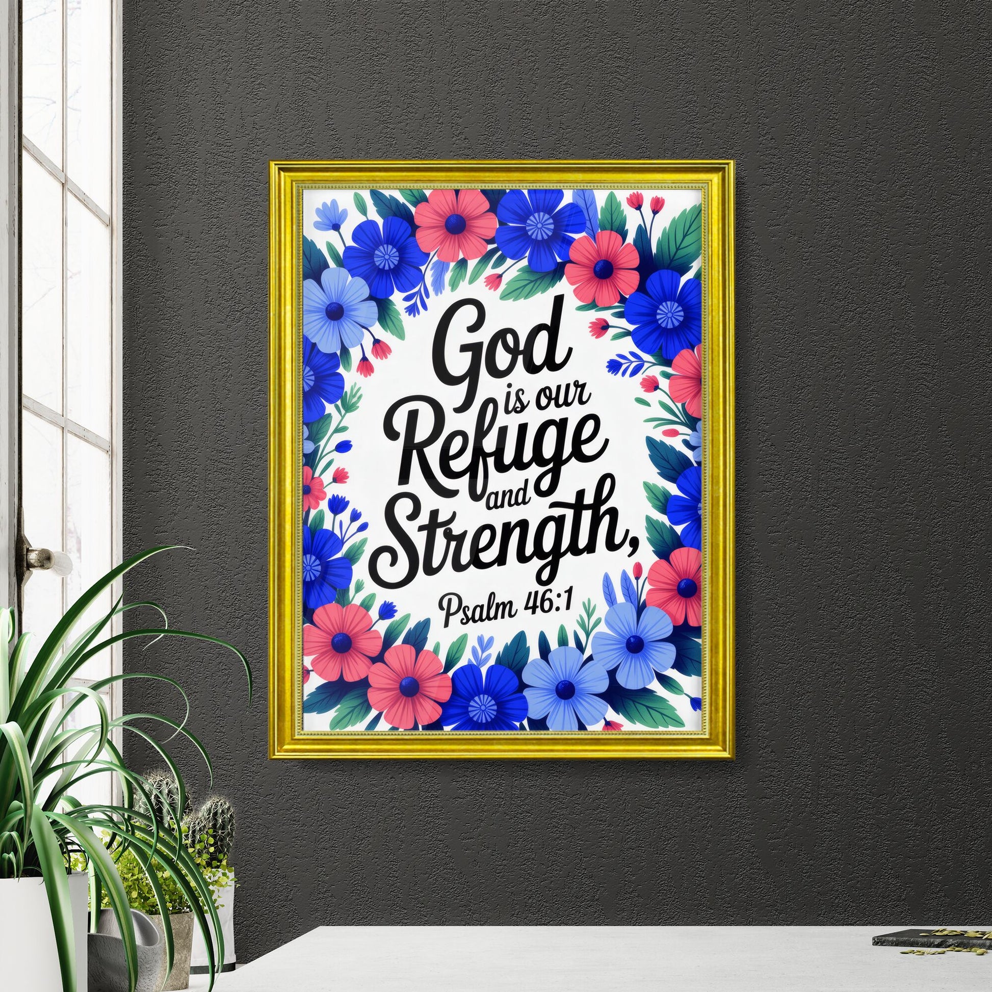 Floral Wreath with Inspirational Bible Verse: 'God is Our Refuge and Strength, Psalm 46:1'