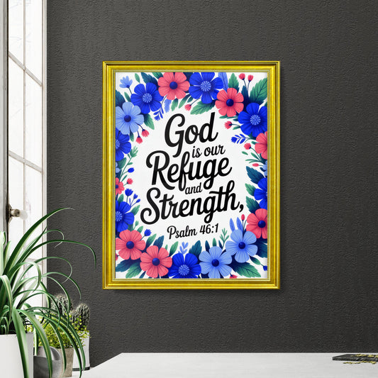 Floral Wreath with Inspirational Bible Verse: 'God is Our Refuge and Strength, Psalm 46:1'