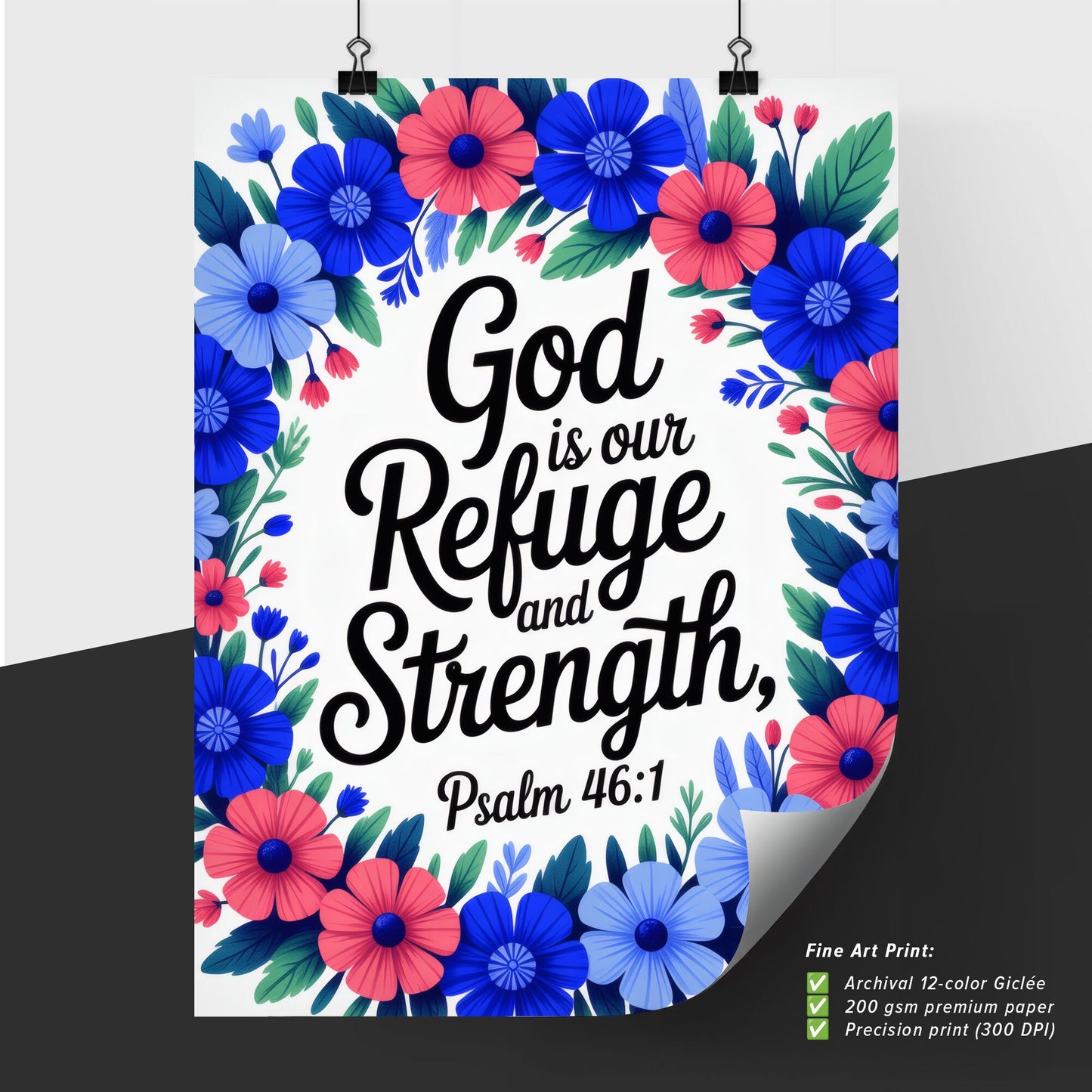 Floral Wreath with Inspirational Bible Verse: 'God is Our Refuge and Strength, Psalm 46:1'