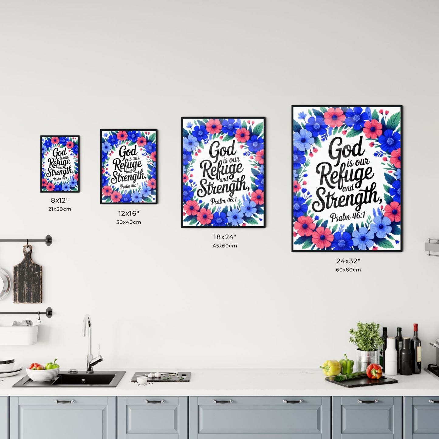 Floral Wreath with Inspirational Bible Verse: 'God is Our Refuge and Strength, Psalm 46:1' Chart