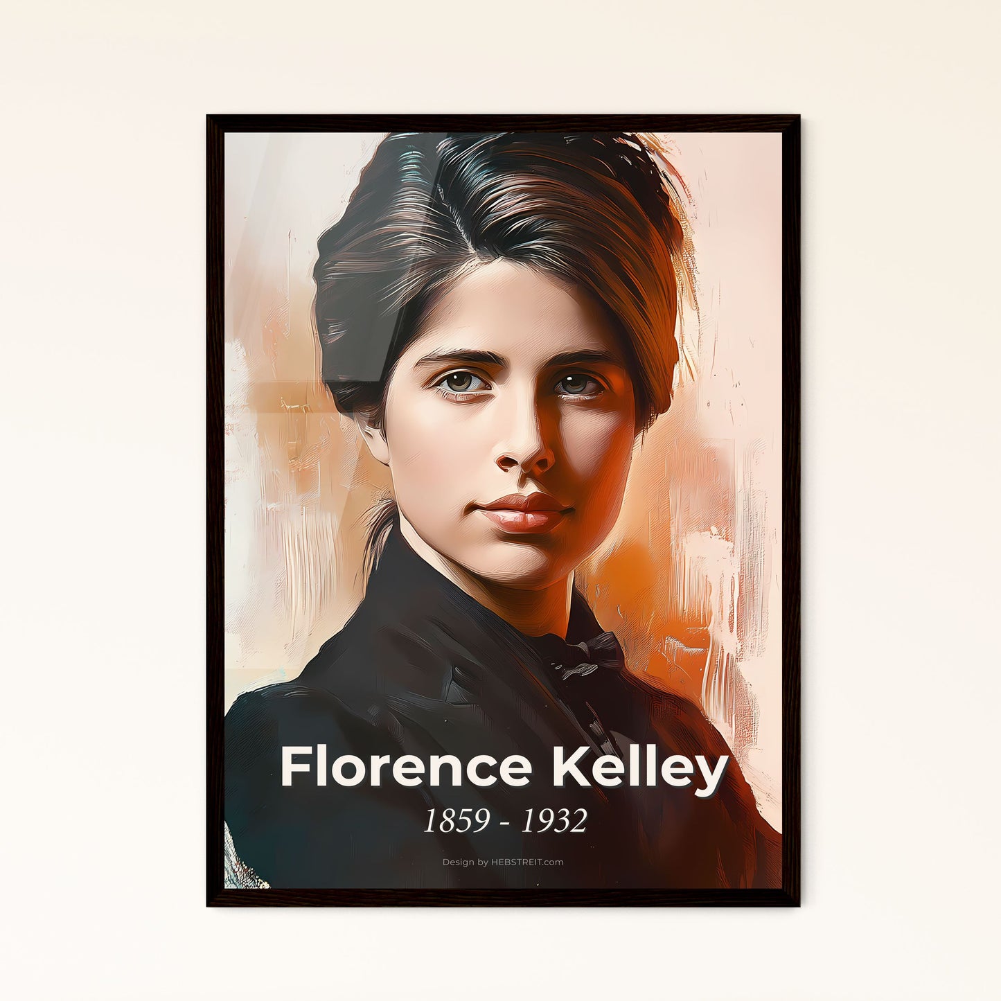 Portrait of Florence Kelley, 1859 - 1932. Impressionistic painting of a woman in a black suit.