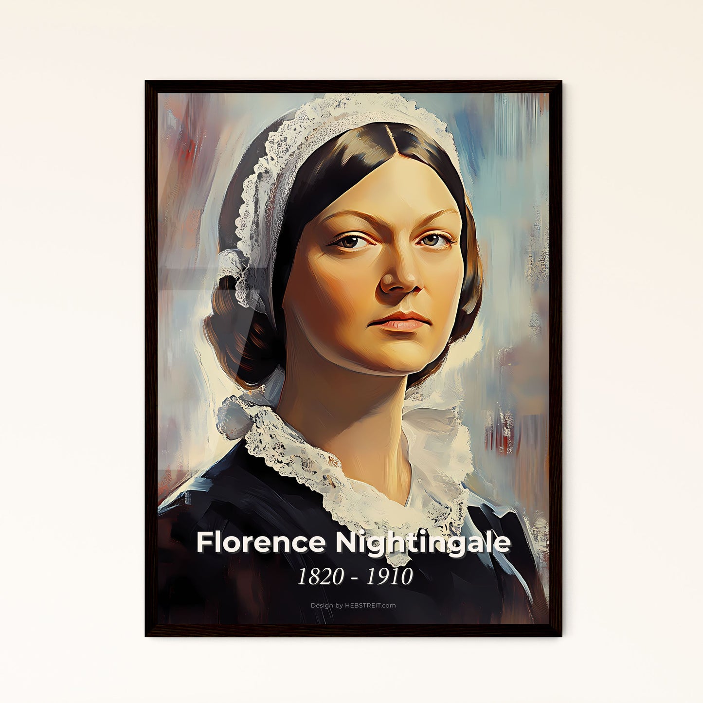 Portrait of Florence Nightingale, 1820 - 1910. Impressionistic painting of a woman with a white headband.