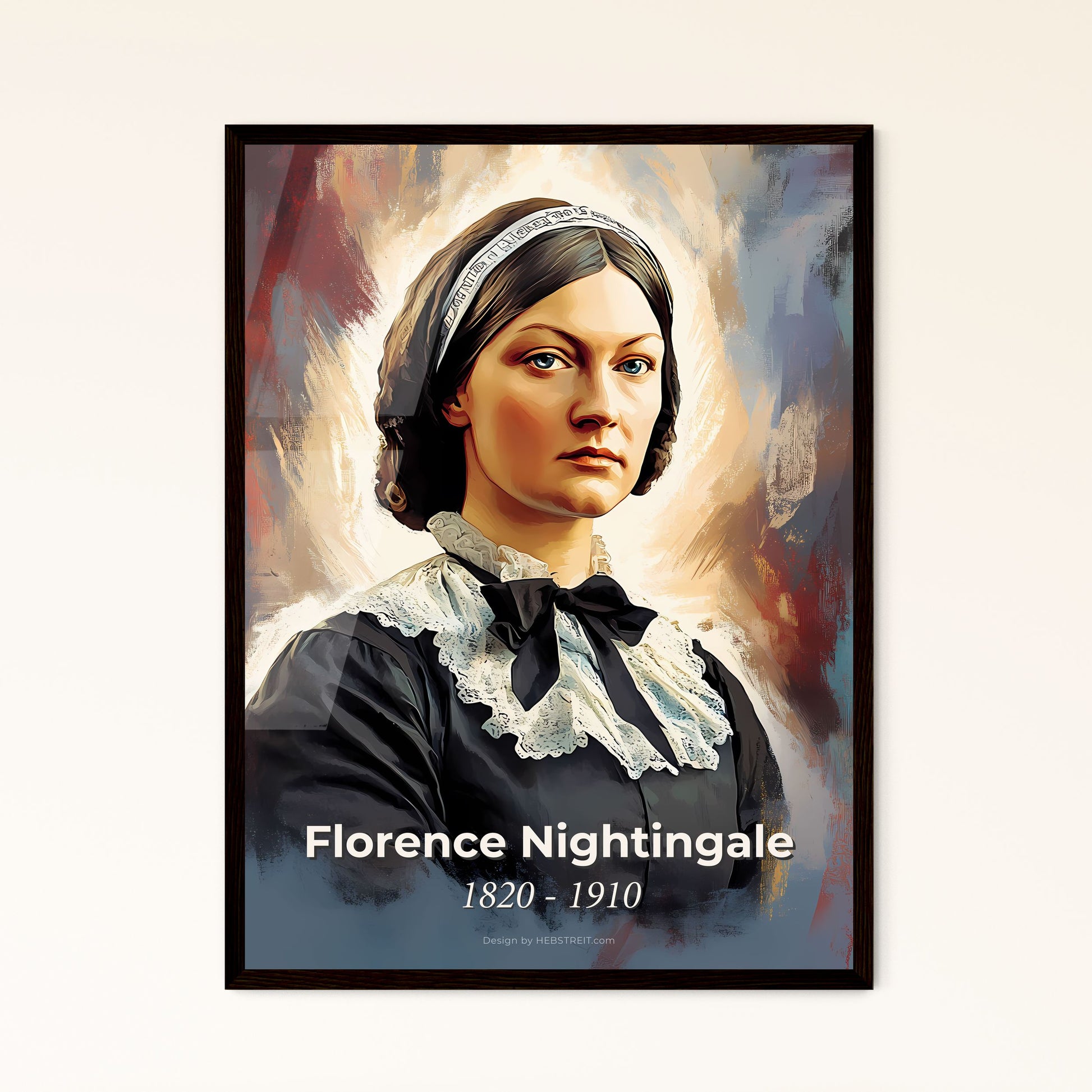 Portrait of Florence Nightingale, 1820 - 1910. Impressionistic painting of a woman in a black dress.