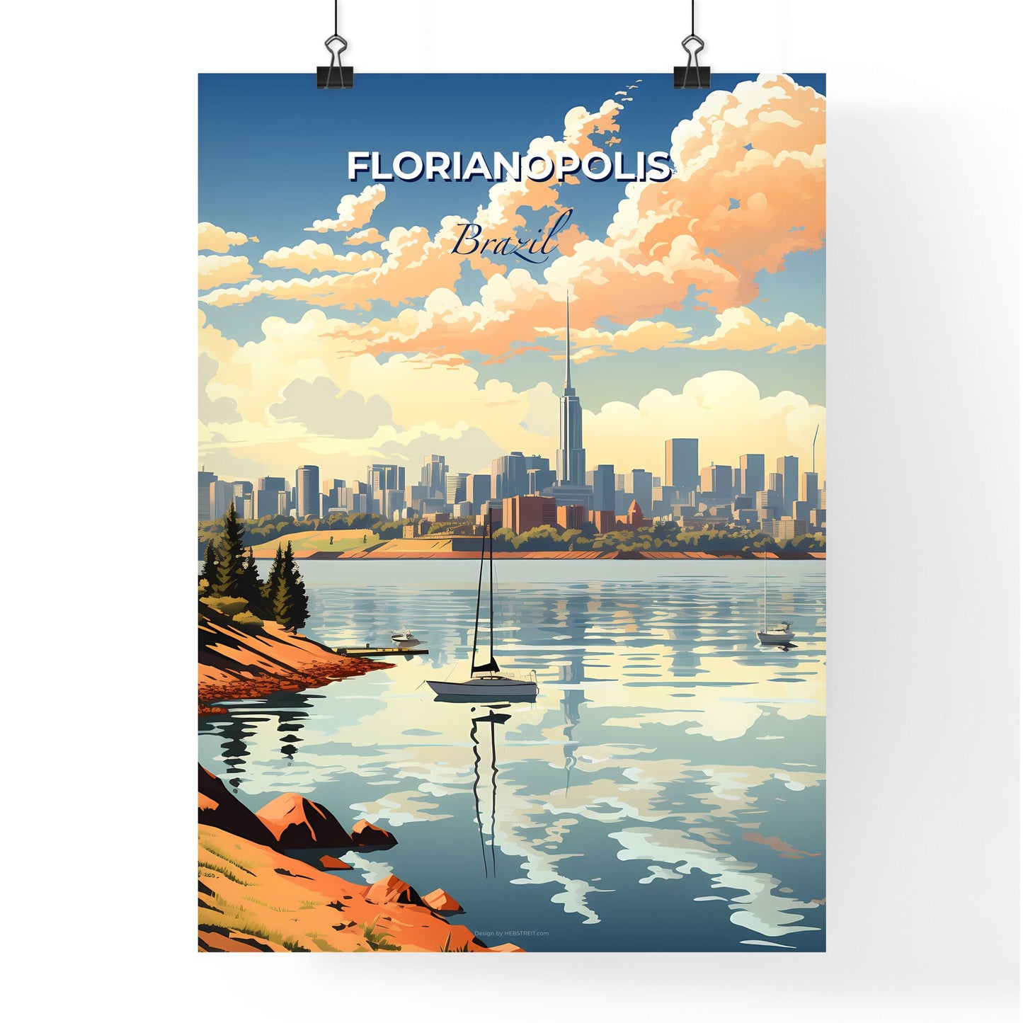 Artistic city skyline of Florianopolis, Brazil featuring a vibrant painting with boats on the lake Default Title