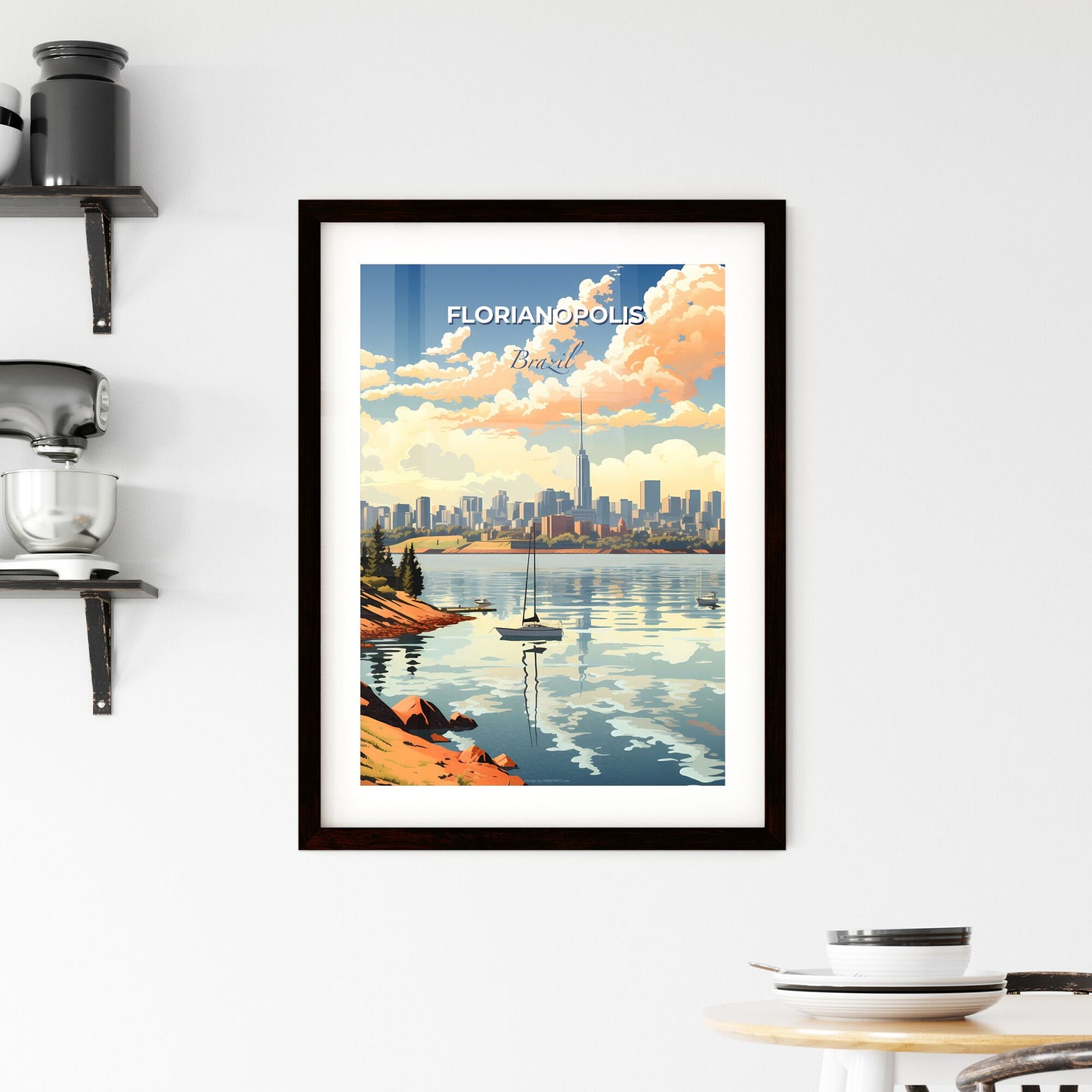 Artistic city skyline of Florianopolis, Brazil featuring a vibrant painting with boats on the lake Default Title