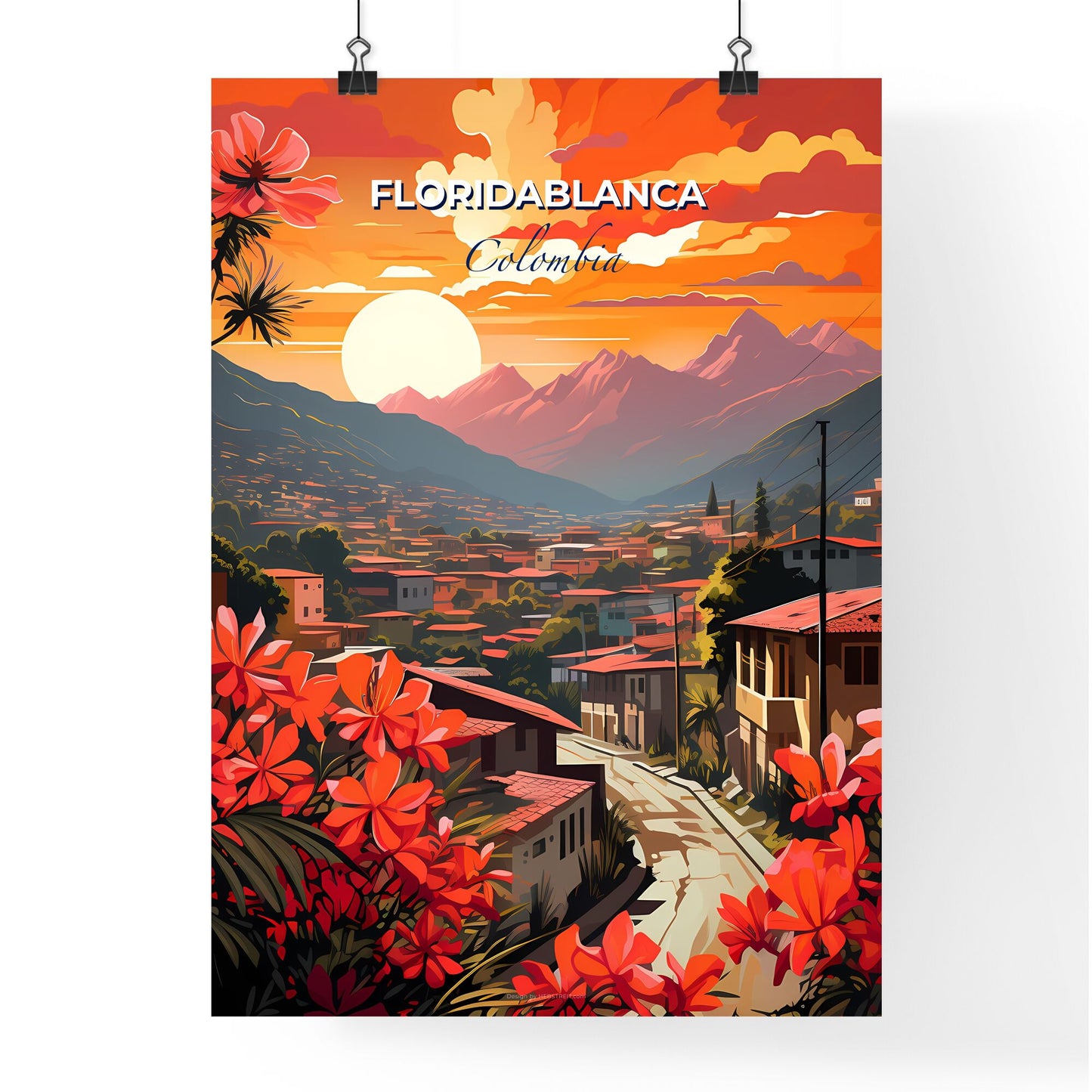 Vibrant Artistic Painting of Floridablanca Colombia Skyline with Flowers and Mountains Landscape Default Title