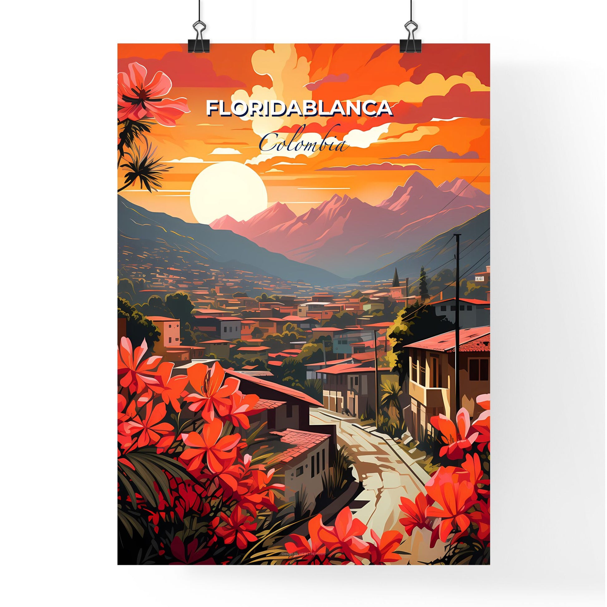 Vibrant Artistic Painting of Floridablanca Colombia Skyline with Flowers and Mountains Landscape Default Title