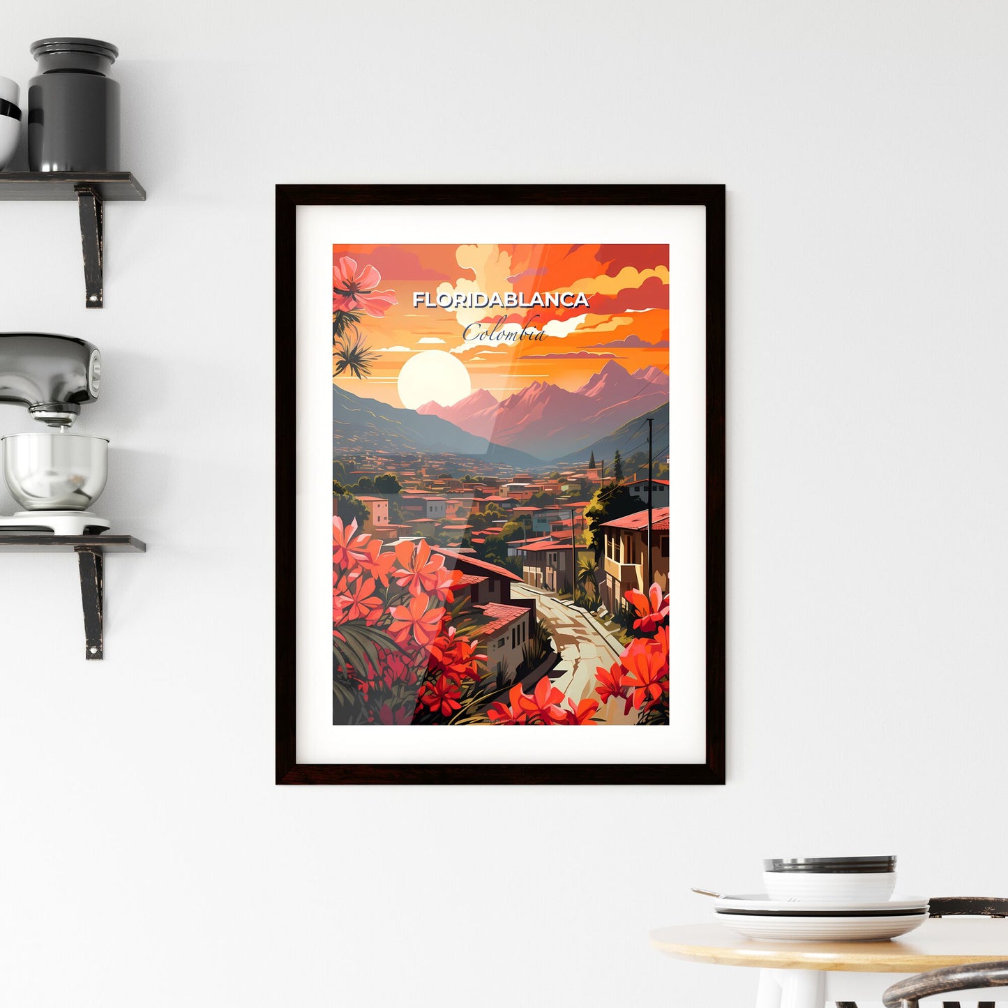 Vibrant Artistic Painting of Floridablanca Colombia Skyline with Flowers and Mountains Landscape Default Title