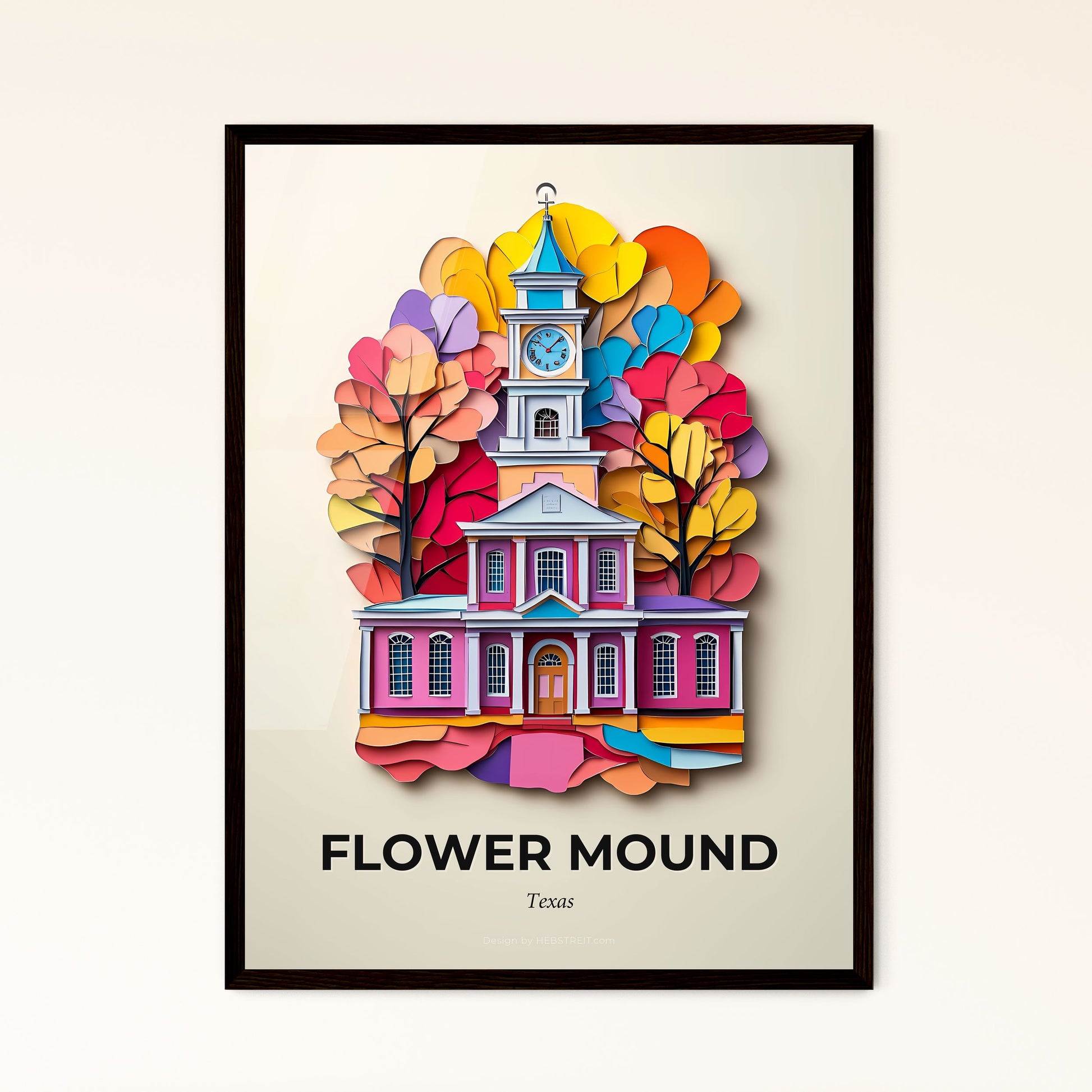 Vivid Flower Mound, Texas - a paper cut of a church with a clock tower