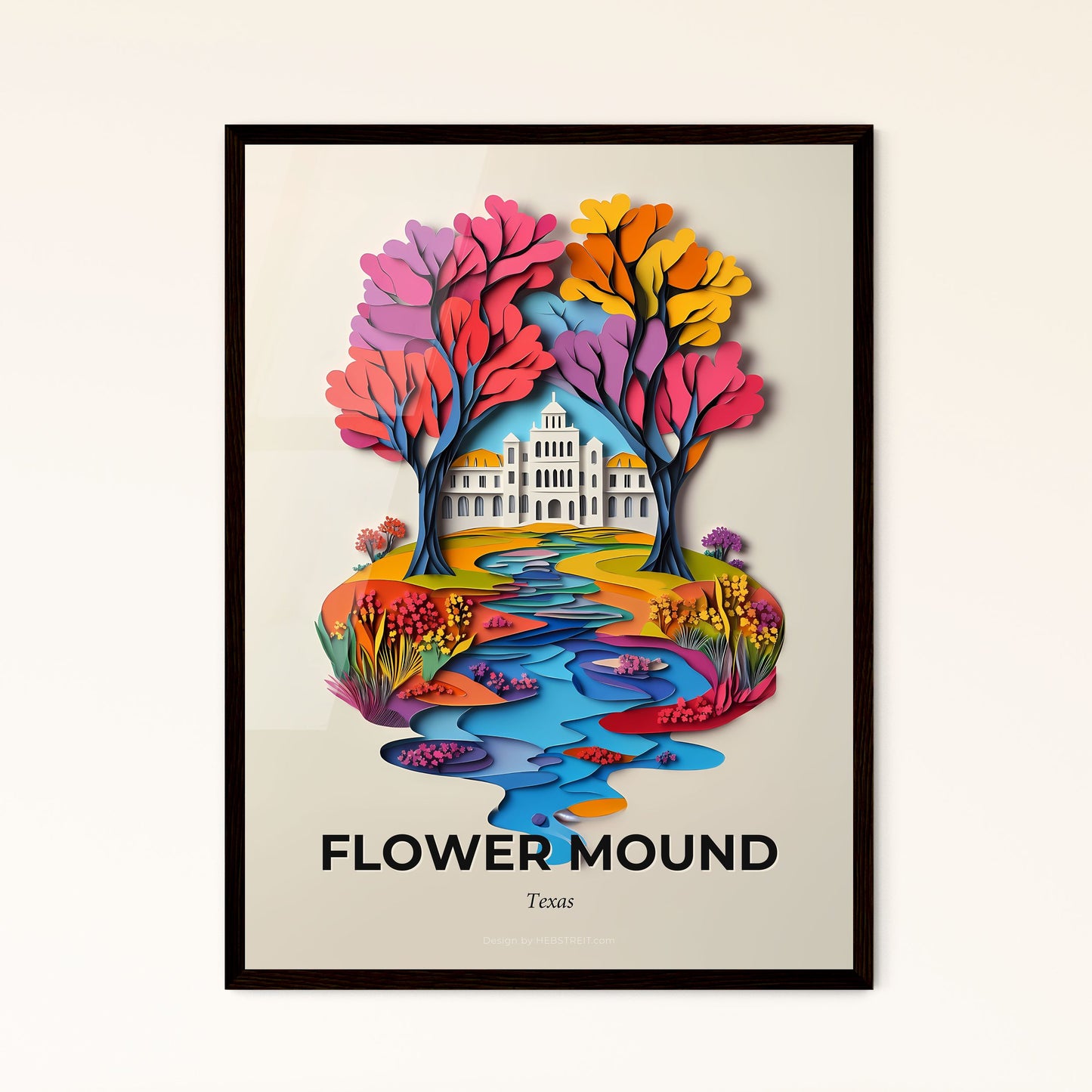 Vivid Flower Mound, Texas - a paper cut of a house and a river