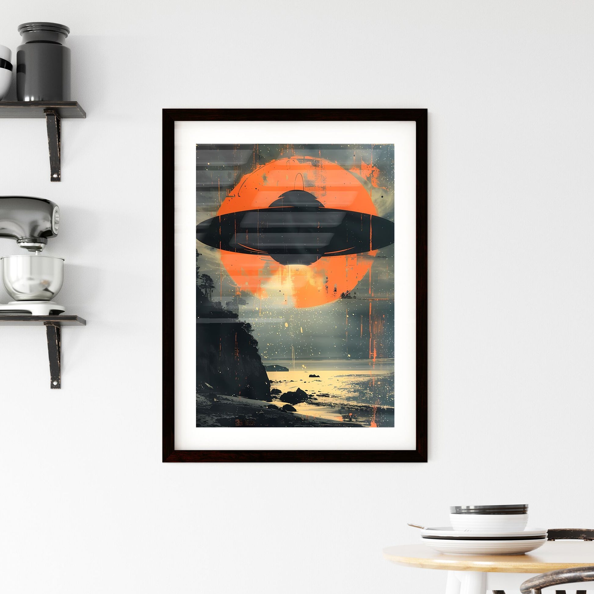 Abstract UFO Watercolor Minimalist Painting, Saucer Flying Over Colorful Water Default Title