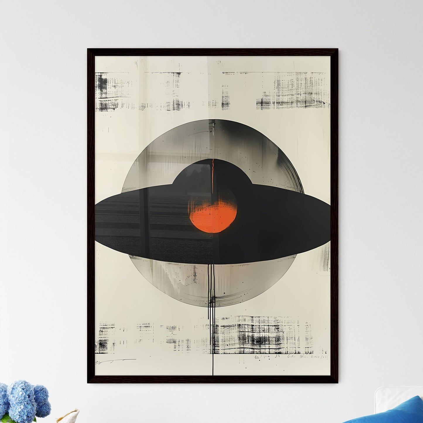 Striking Minimalist Saucer Artwork: Abstract Block Print with Vibrant Black and Orange Circles Default Title