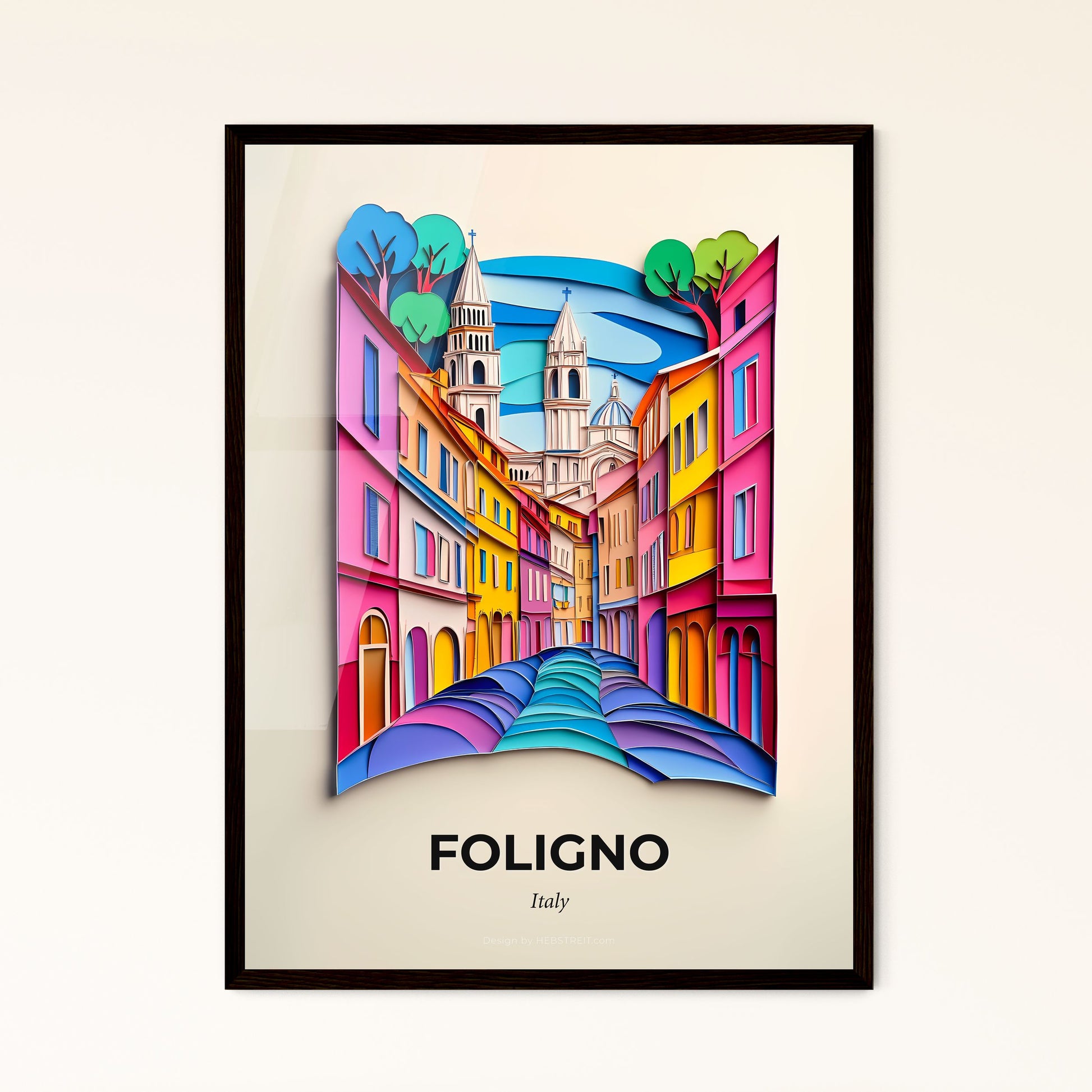 Vivid Foligno, Italy - a colorful city street with a church in the background