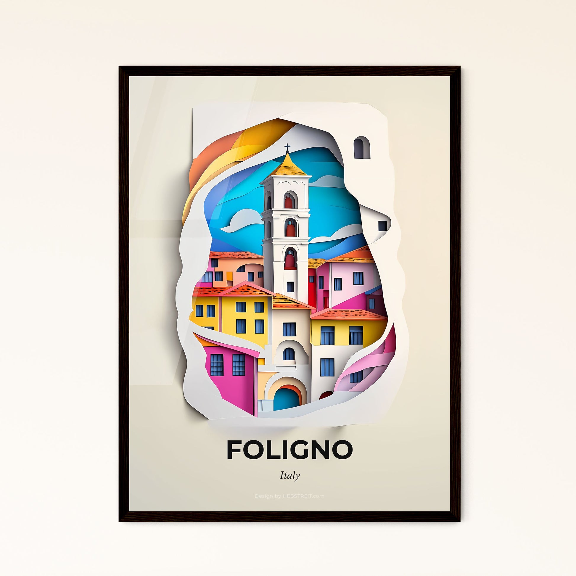 Vivid Foligno, Italy - a paper cut of a church tower with a rainbow