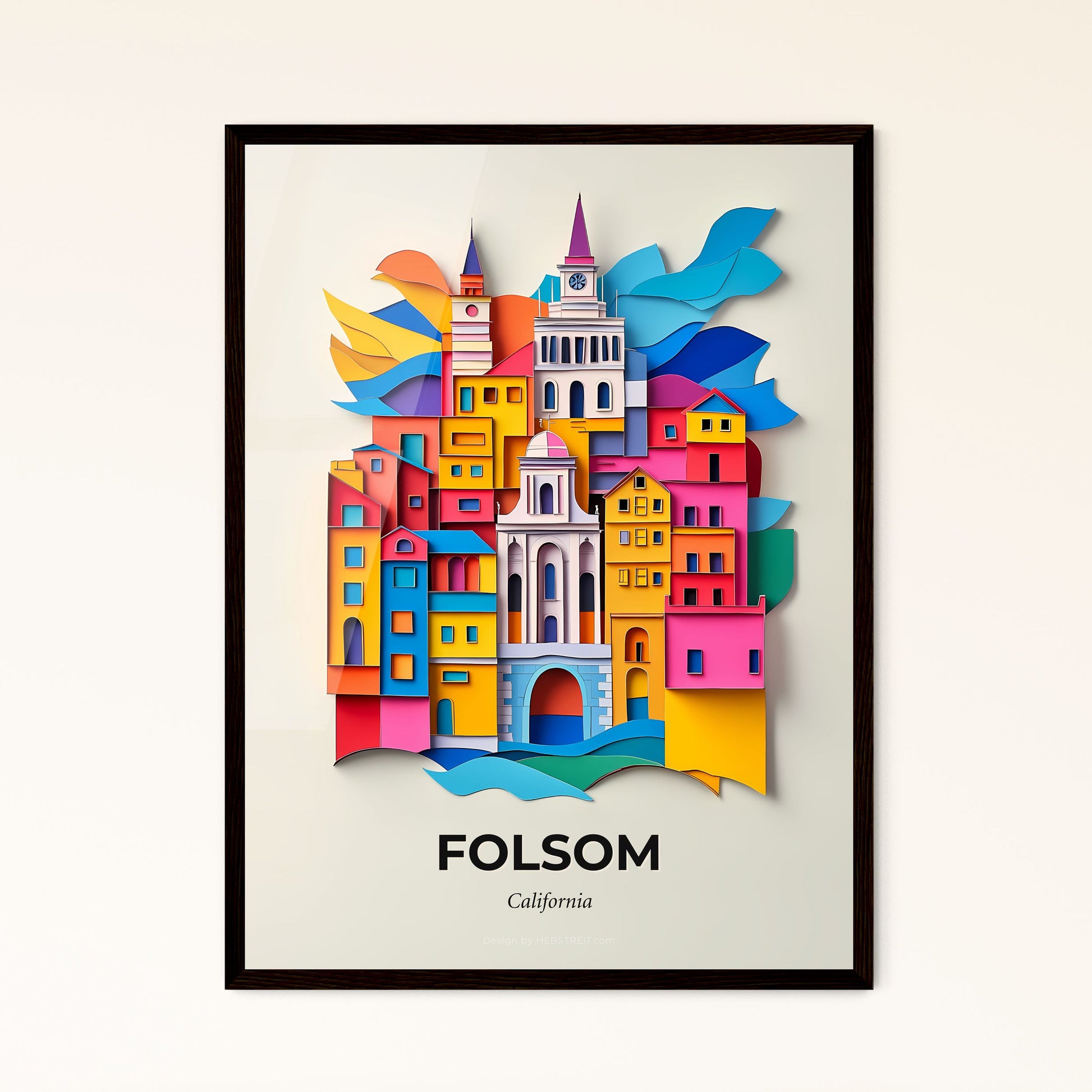 Vivid Folsom, California - a colorful city with a clock tower and a bird flying over it