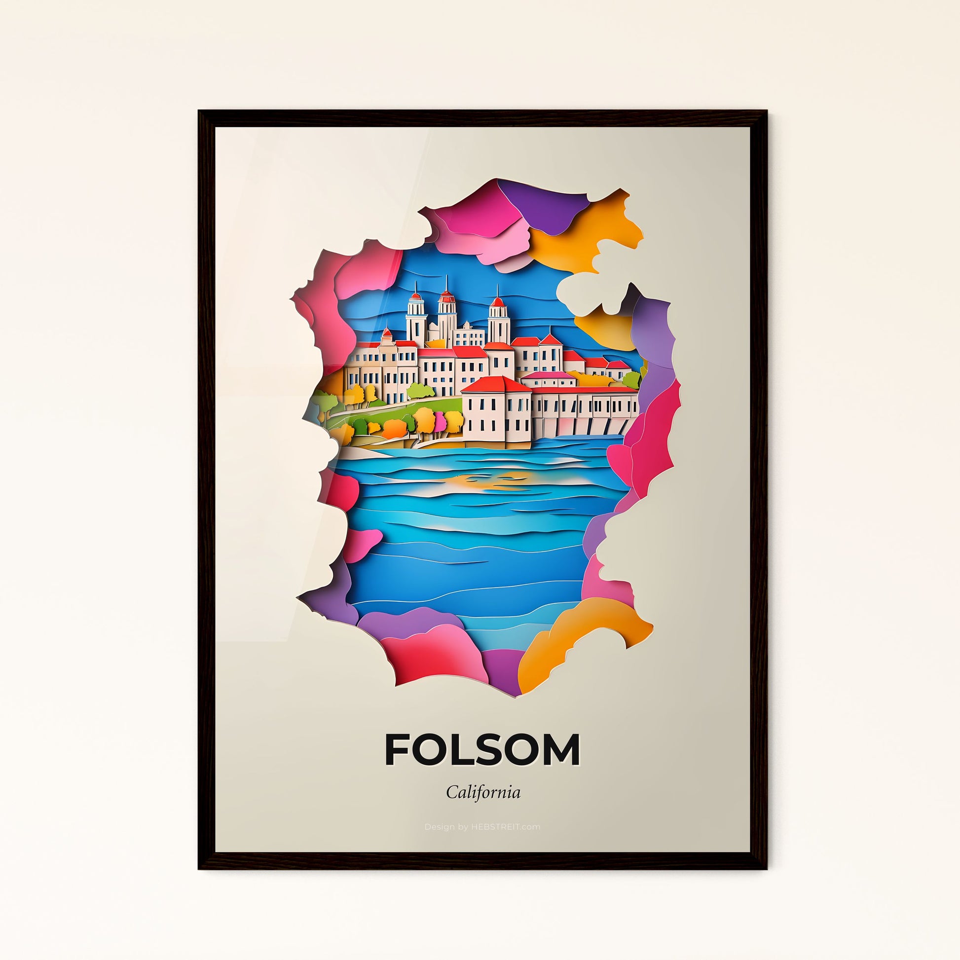 Vivid Folsom, California - a cut out of paper of a city and a river