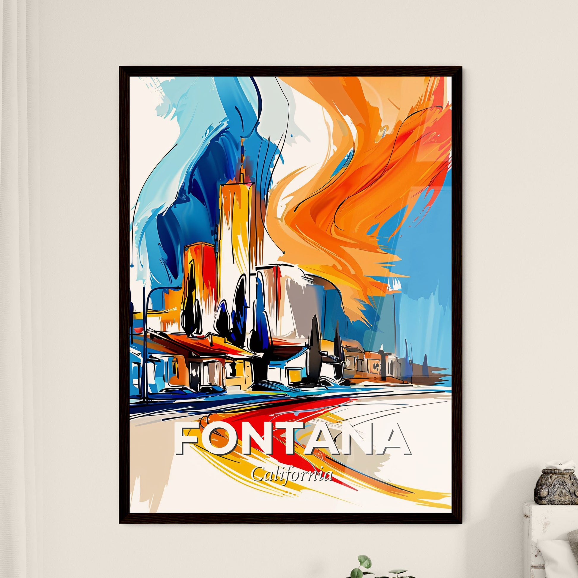 Vibrant Fontana, California - A Painting Of A City With Orange Flames