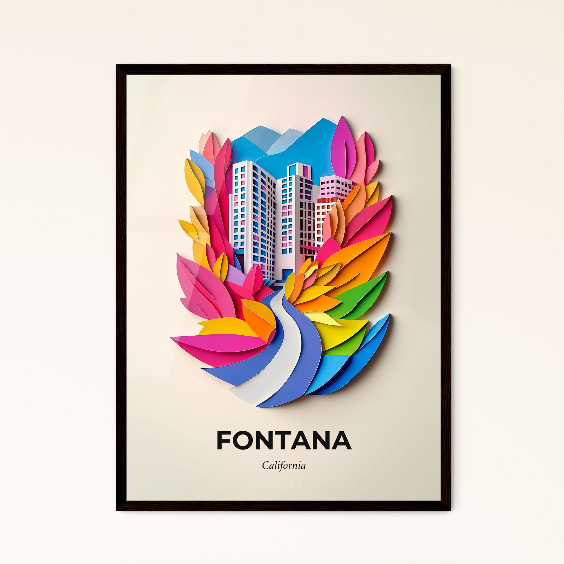 Vivid Fontana, California - a colorful paper cut of a city with a bird