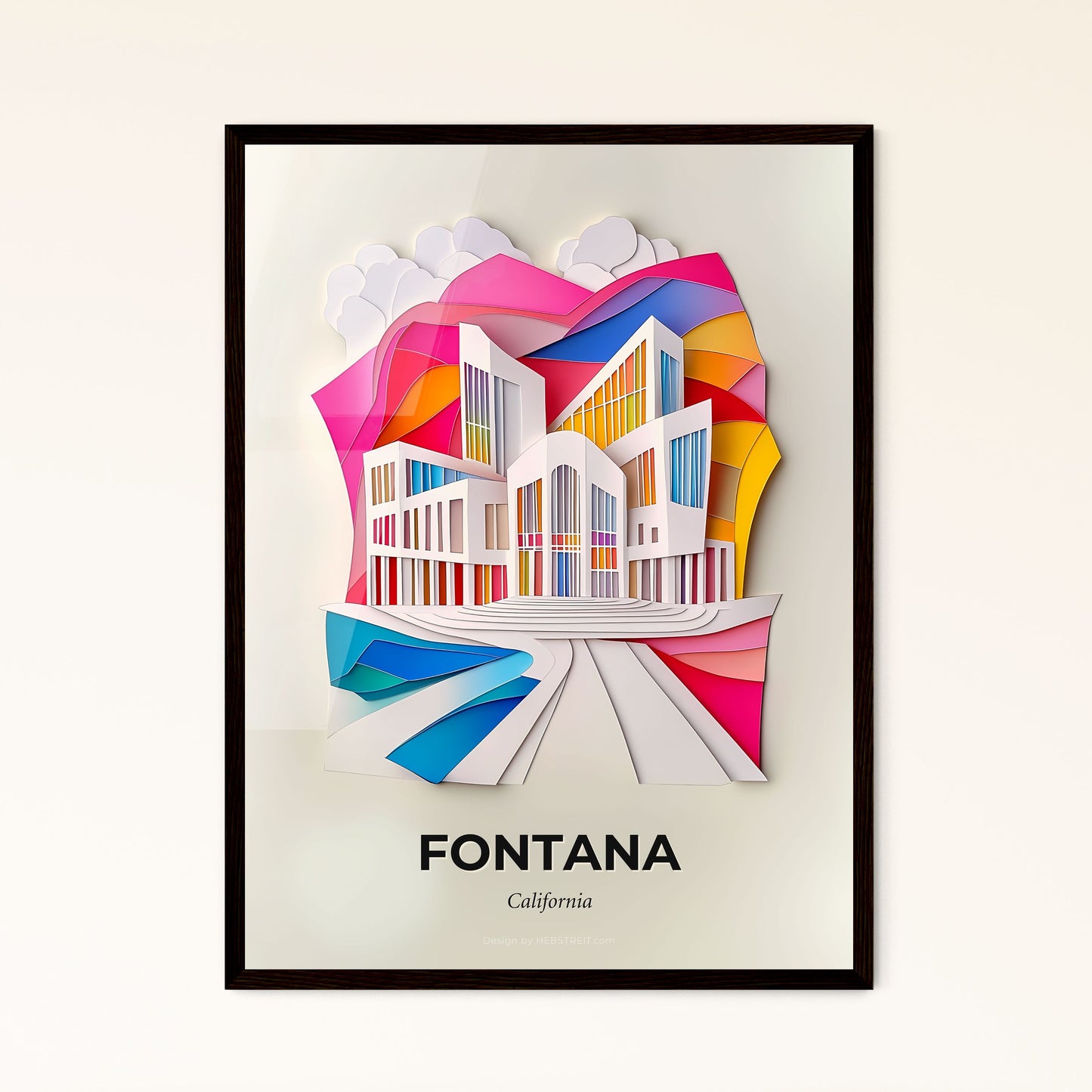 Vivid Fontana, California - a paper cut of a building with a rainbow background