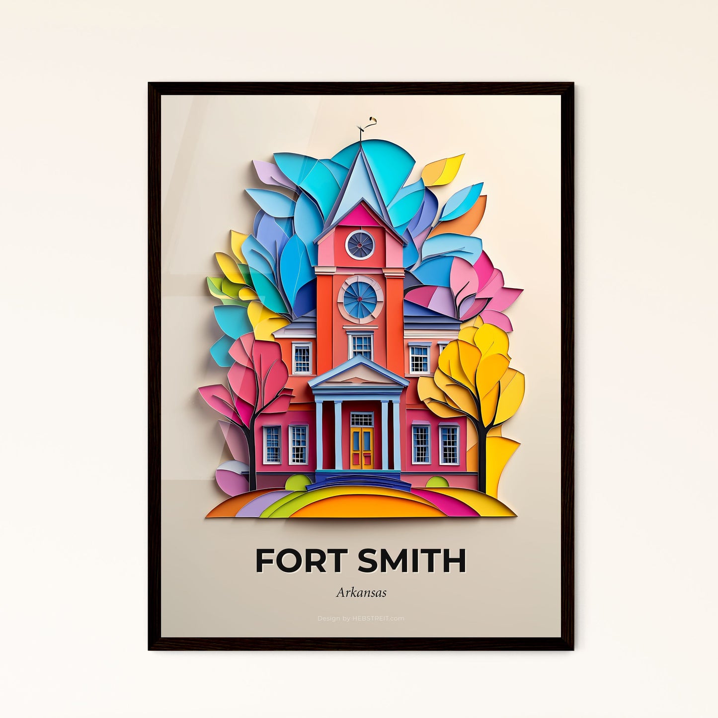 Vivid Fort Smith, Arkansas - a colorful paper cut of a church with a clock tower