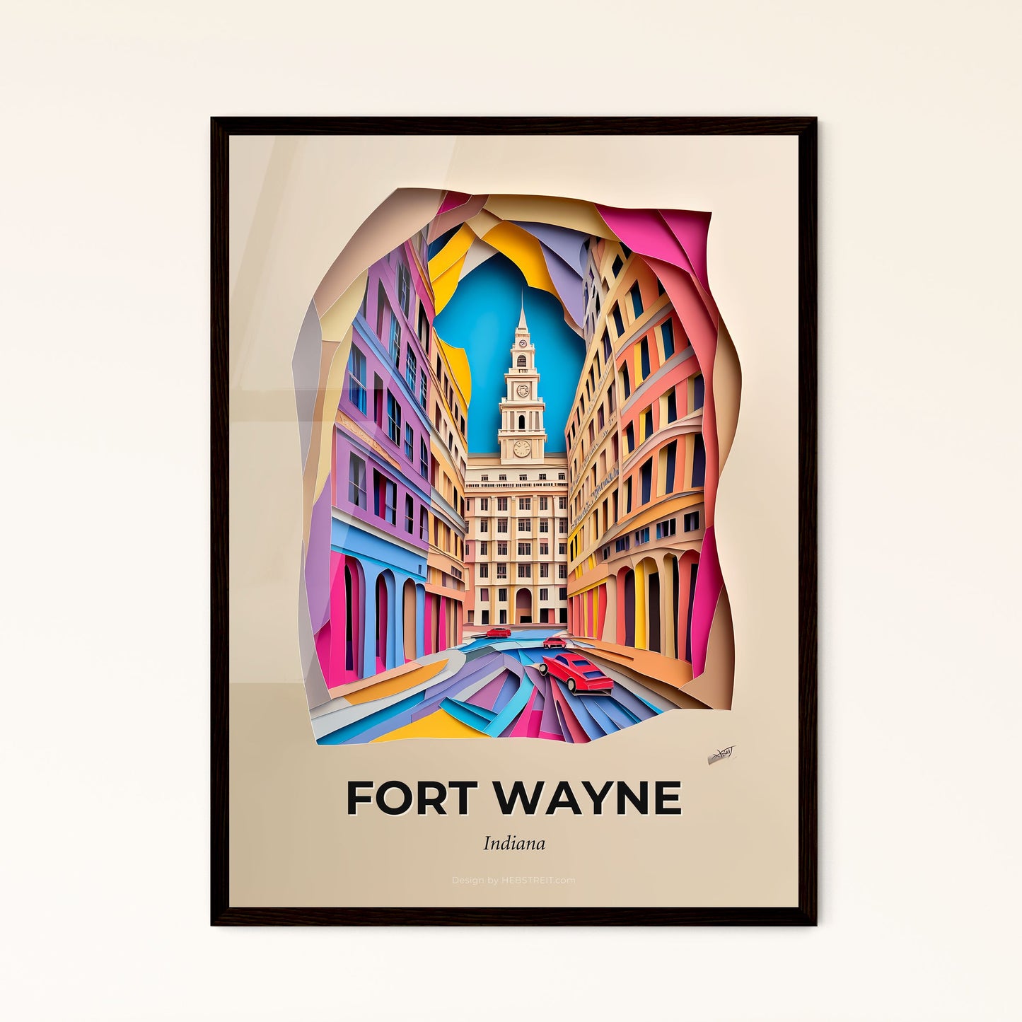 Vivid Fort Wayne, Indiana - a paper cut of a city street with a clock tower