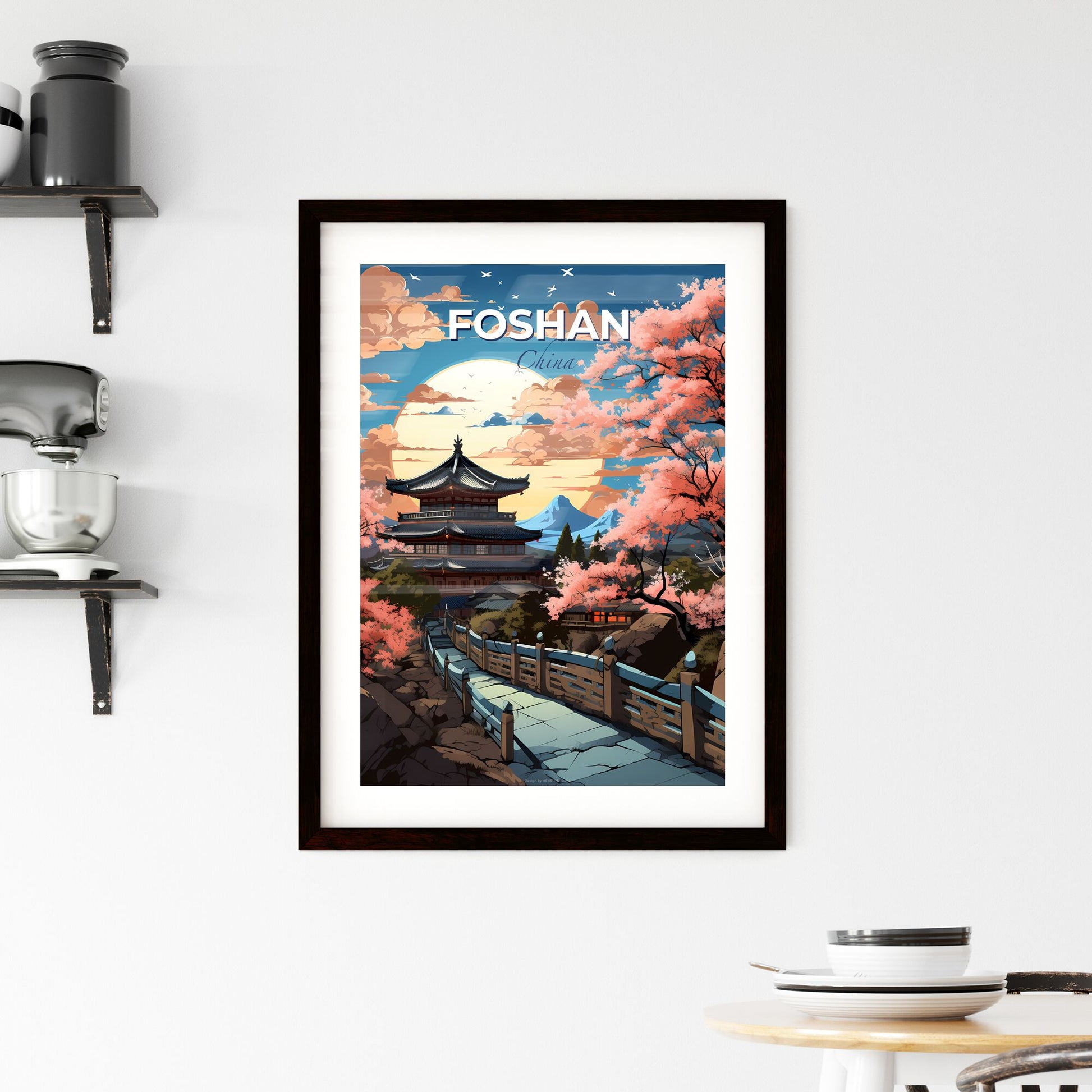 Vibrant Painting Depicting Foshan Skyline with Bridge Leading to Pagoda and Mountain Default Title