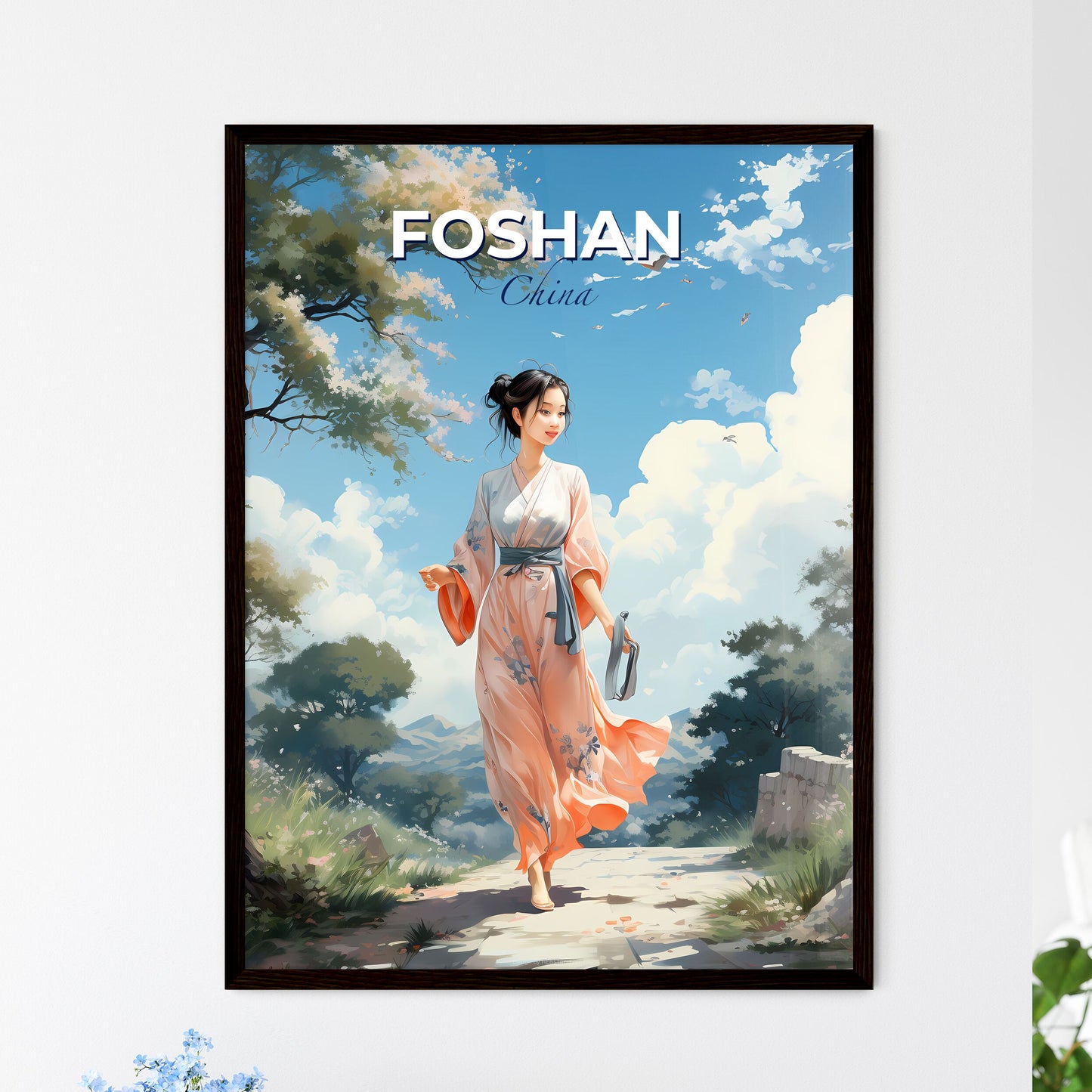 Foshan China Skyline - vibrant art painting woman path city urban scenic background Default Title