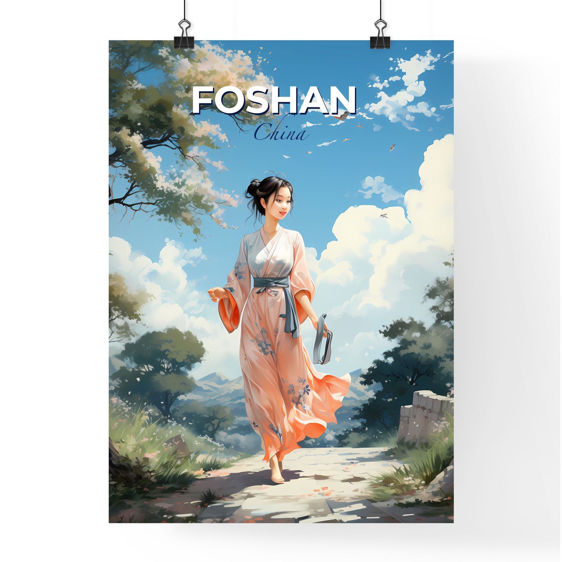Foshan China Skyline - vibrant art painting woman path city urban scenic background Default Title