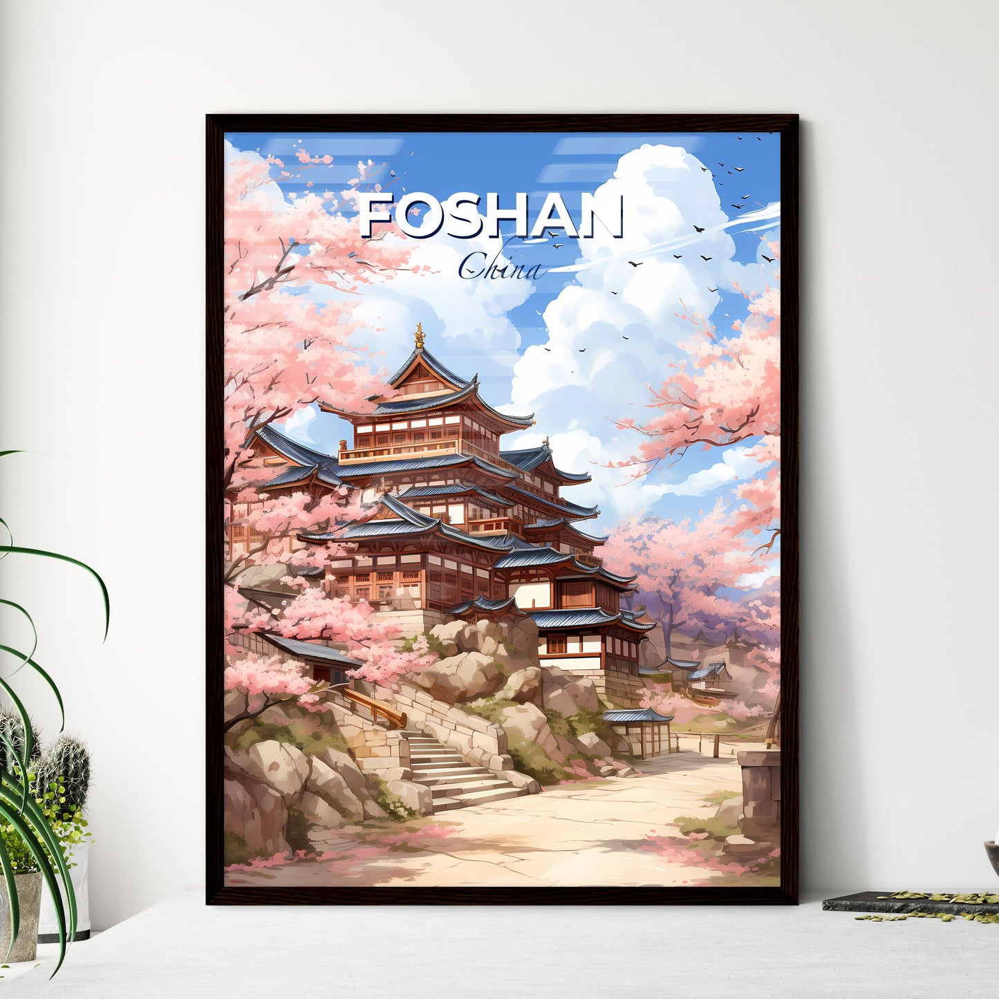 Vibrant Colorful Skyline Painting with Hilltop Building and Pink Blossom Flowers Default Title