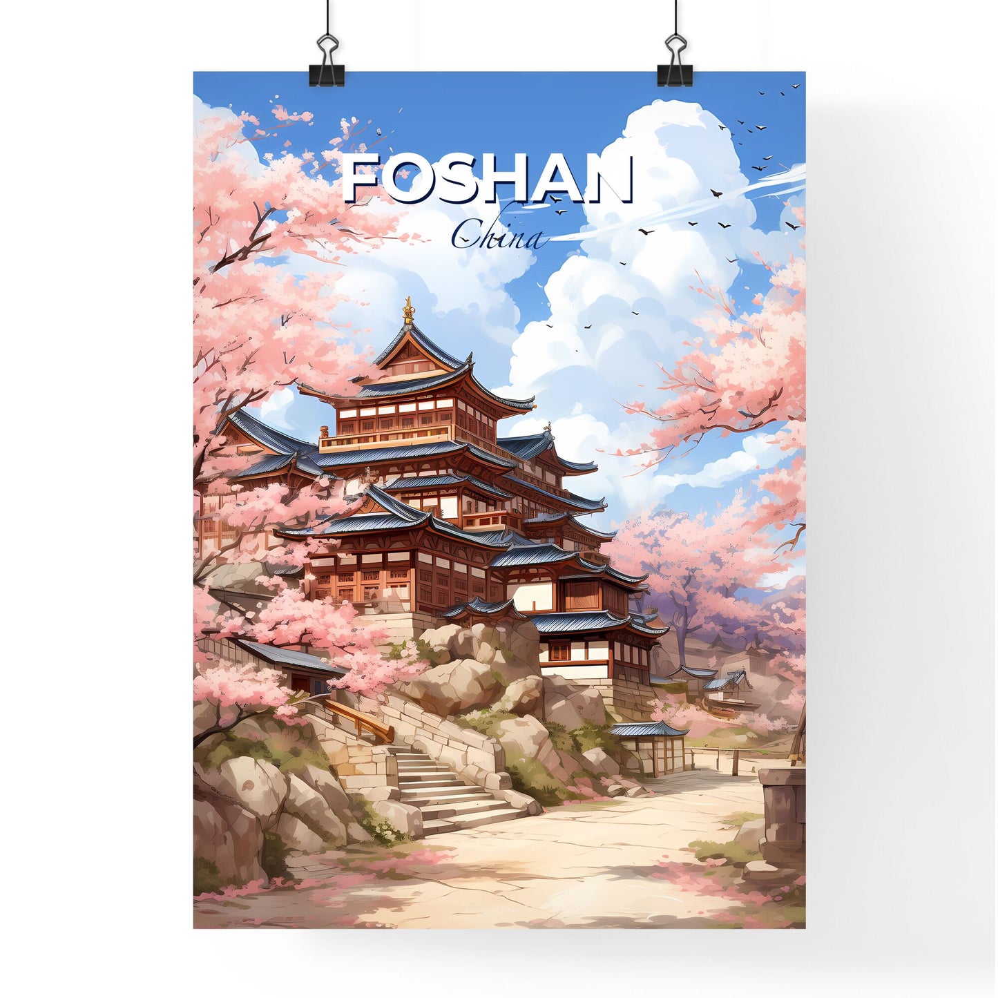 Vibrant Colorful Skyline Painting with Hilltop Building and Pink Blossom Flowers Default Title