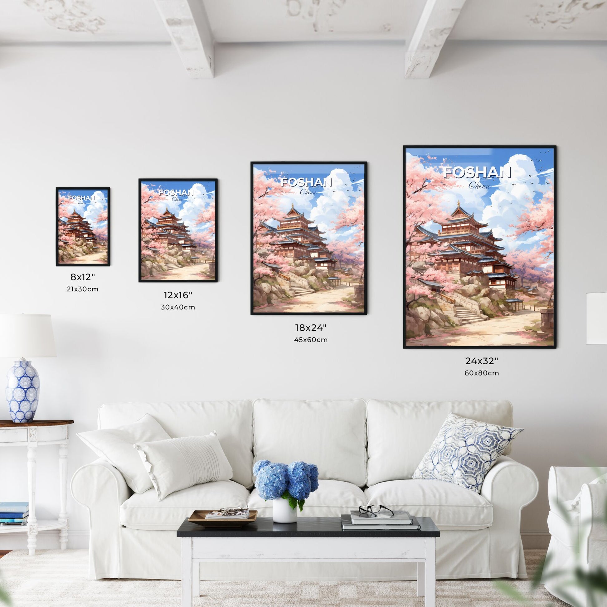 Vibrant Colorful Skyline Painting with Hilltop Building and Pink Blossom Flowers Default Title