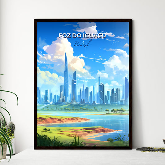 Vibrant Painting of Foz do Iguacu's Cityscape with River and Trees Default Title