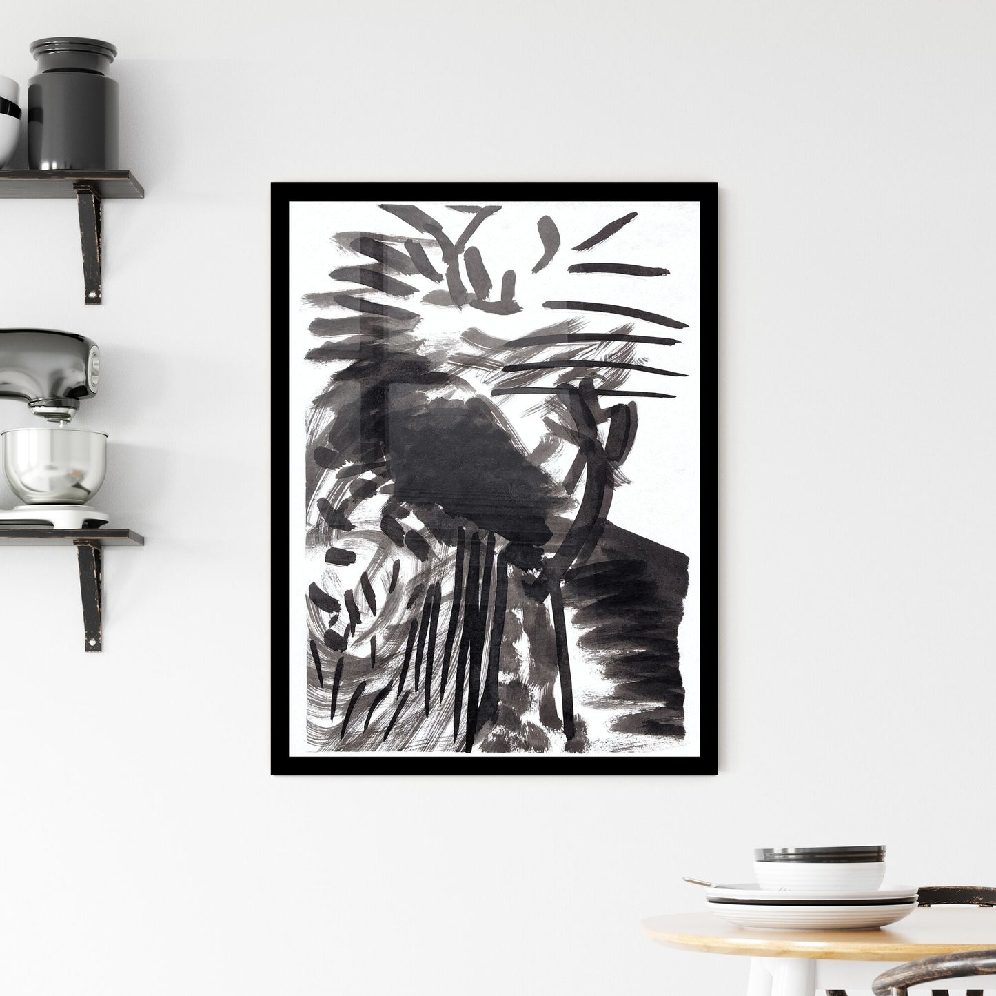 Fragmented Reflections: Chaos Dancing in Shades of Ink Framed Print