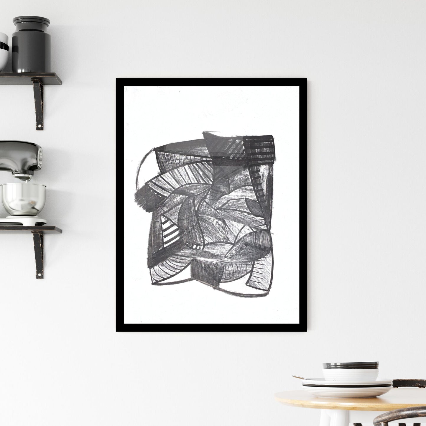 Fragmented Shadows: A Dance of Lines and Forms in Monochrome Framed Print