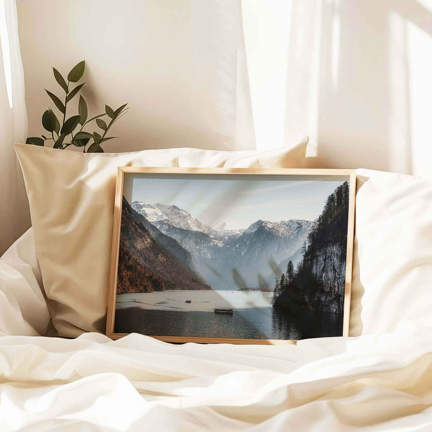 Königssee Lake Print – Bavarian Alps Landscape with Boats and Cliffs