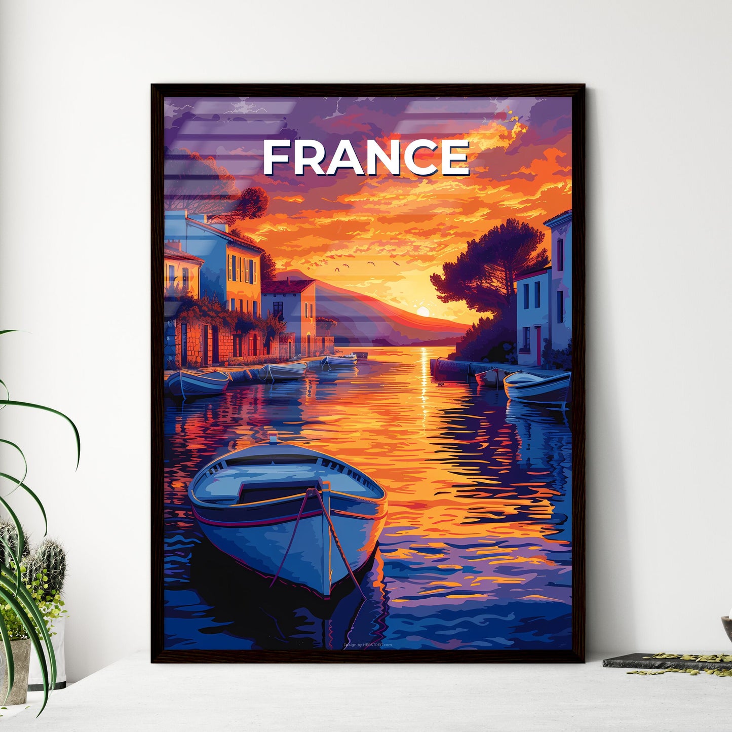 Vibrant, artistic painting of a boat in the idyllic waters of France, Europe