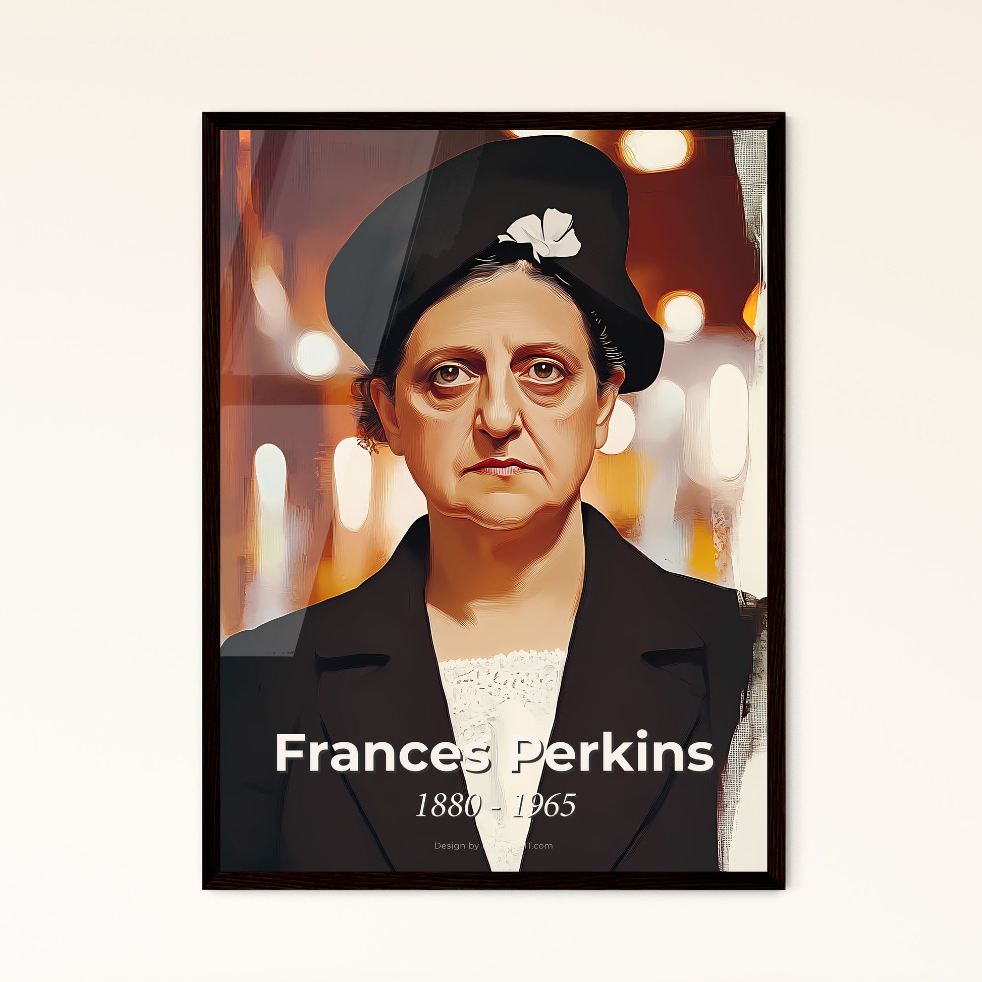 Portrait of Frances Perkins, 1880 - 1965. Impressionistic painting of a woman in a black hat.