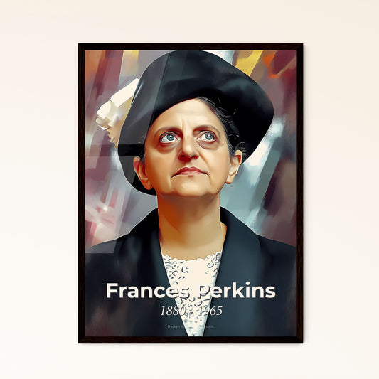 Portrait of Frances Perkins, 1880 - 1965. Impressionistic painting of a woman in a black hat.