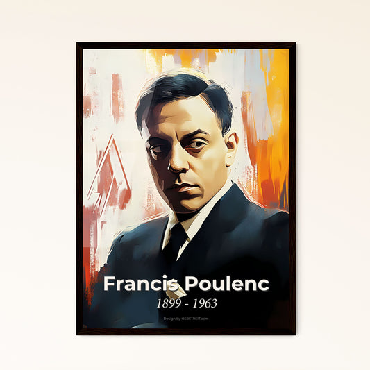 Portrait of Francis Poulenc, 1899 - 1963. Impressionistic painting of a man in a suit.