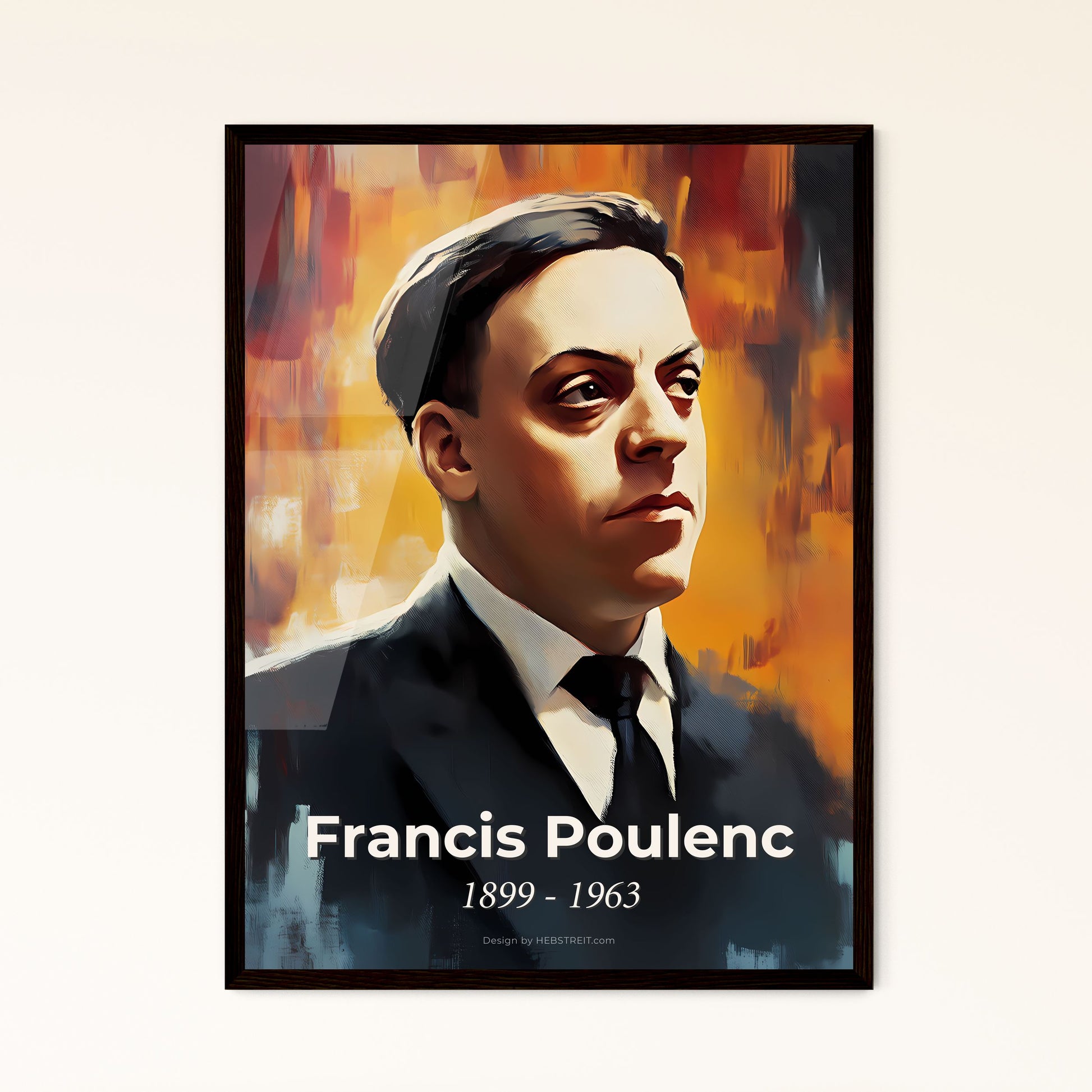 Portrait of Francis Poulenc, 1899 - 1963. Impressionistic painting of a man in a suit and tie.