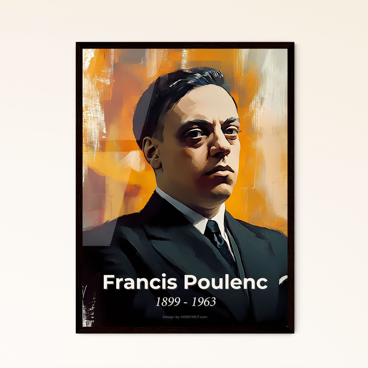 Portrait of Francis Poulenc, 1899 - 1963. Impressionistic painting of a man in a suit.