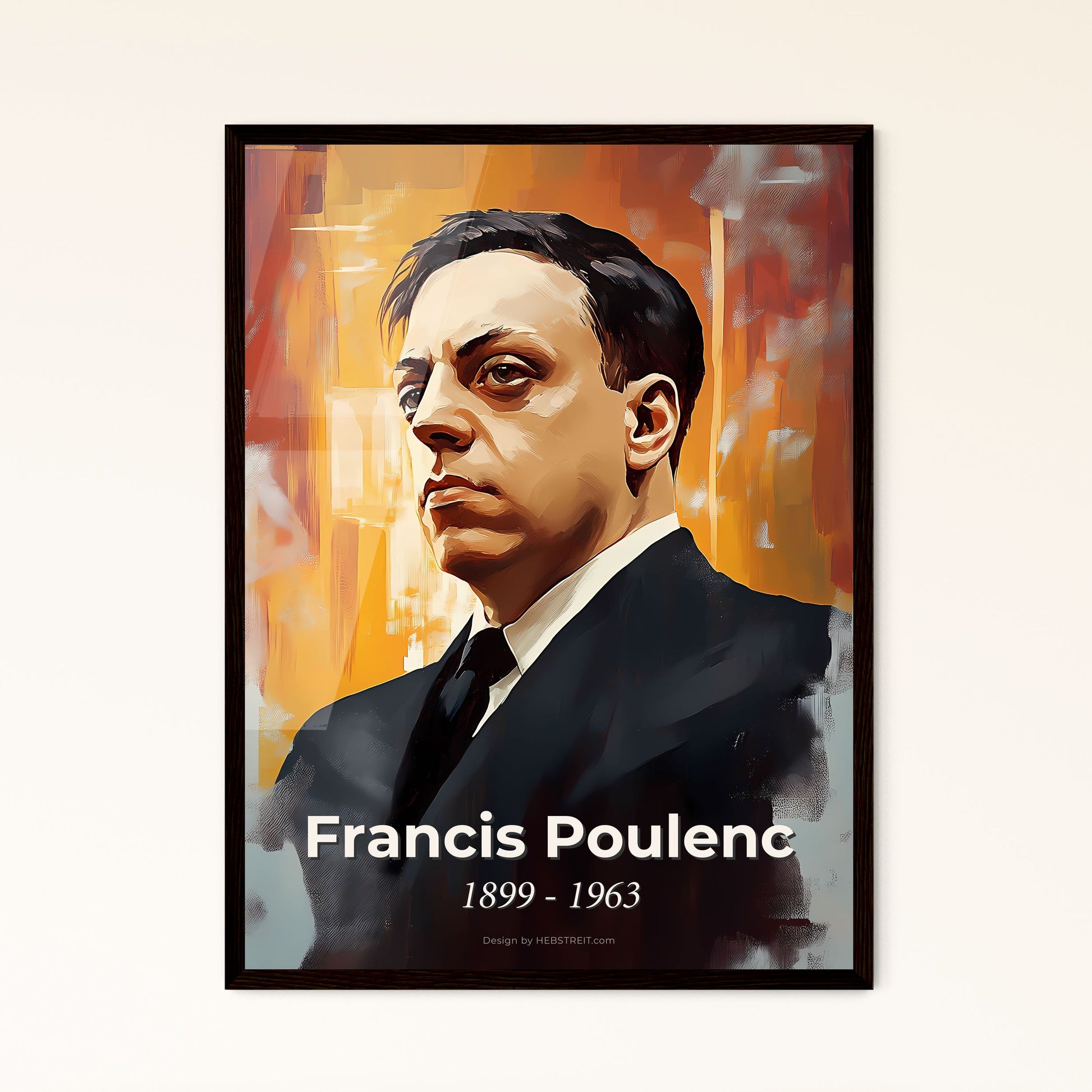 Portrait of Francis Poulenc, 1899 - 1963. Impressionistic painting of a man in a suit.