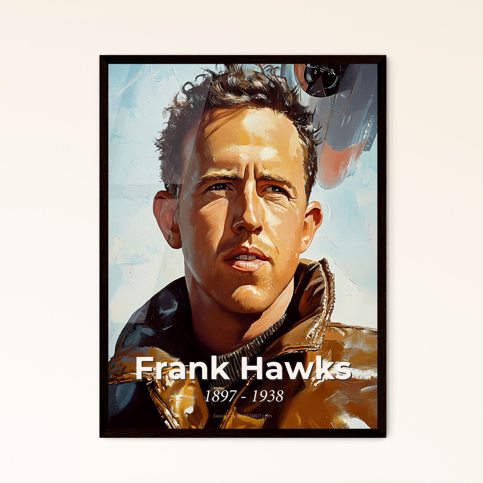 Portrait of Frank Hawks, 1897 - 1938. Impressionistic painting of a man in a leather jacket.