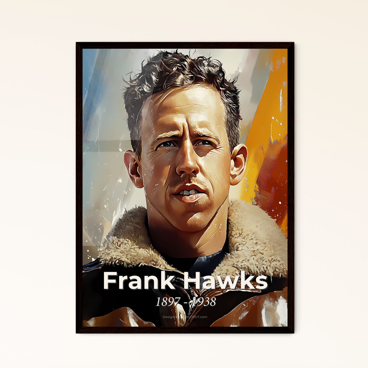 Portrait of Frank Hawks, 1897 - 1938. Impressionistic painting of a man in a leather jacket.